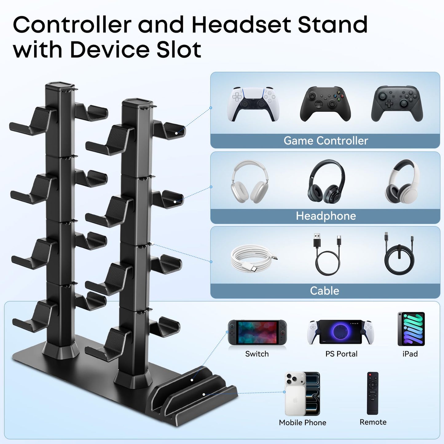 Headphone and Game Controller Desk Stand for PS5/ Xbox/ PS4 Controller, 4 Tiers Headset Hanger with Organizer for Switch 2/1/PS Portal Game Console, Multiple Controller Storage Dispay Rack-16 Hooks