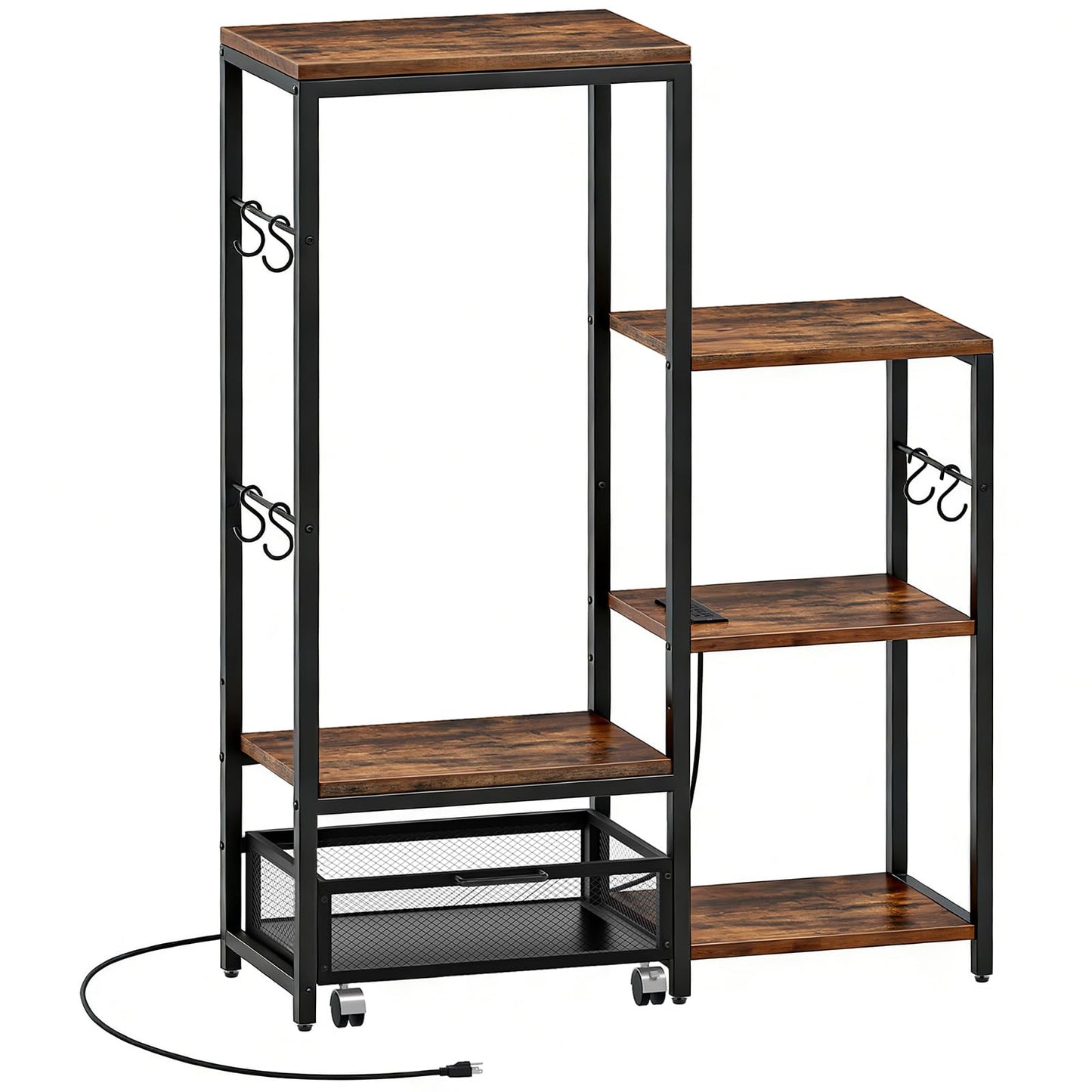 HOOBRO Bakers Rack with Mini Fridge Stand, Microwave Stand with Movable Basket, 3-Tiers Coffee Bar Station with Power Outlet, Kitchen Storage Shelf for Kitchen, Dorm, Rustic Brown and Black BF38UHB01