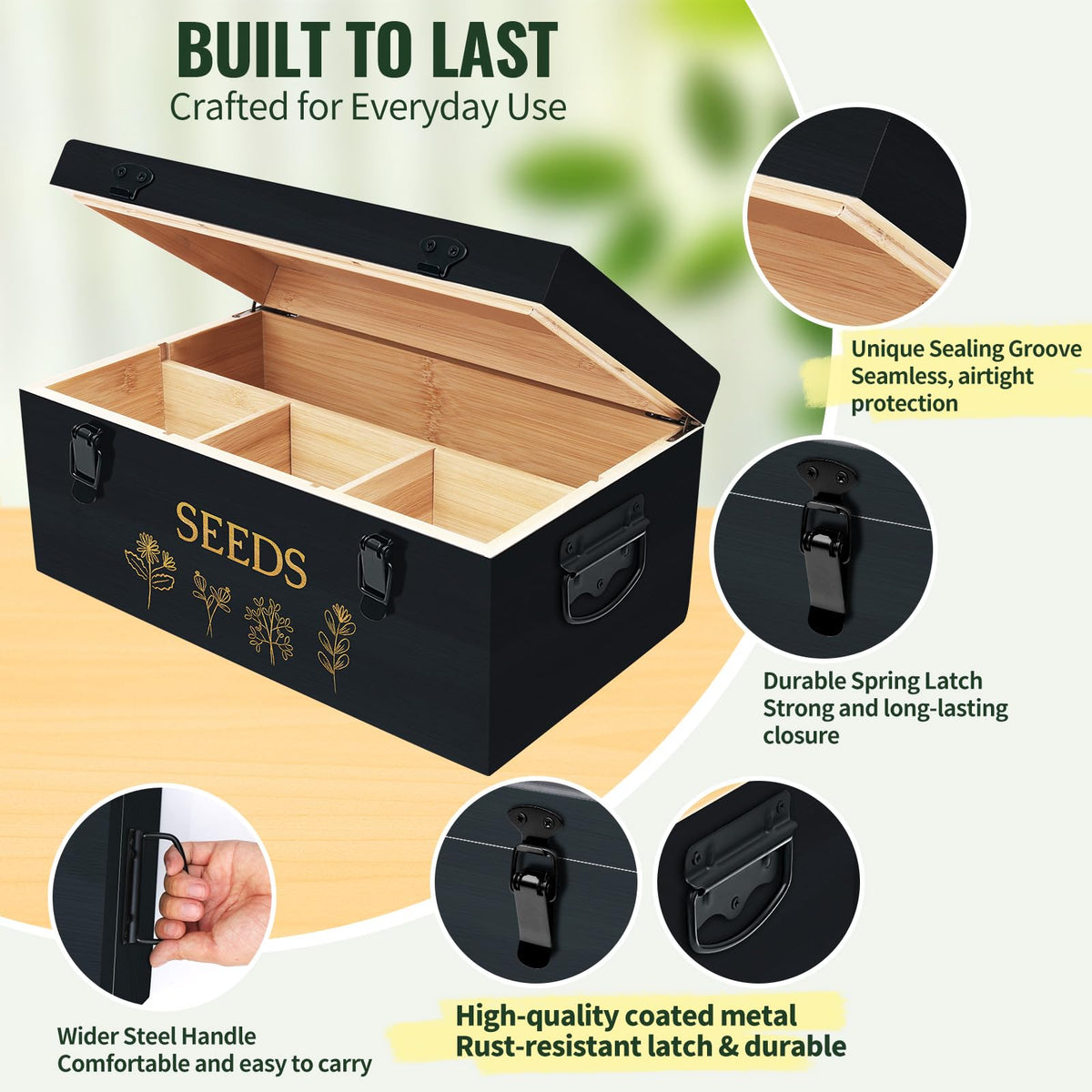Large Bamboo Wood Seed Storage Organizer Box with Lid, Double-Layer Seal Design Seed Saving Box with Premium Coated Safety Lock, Handles, Extra Seed Envelopes and Labels, Great Gifts for Gardener
