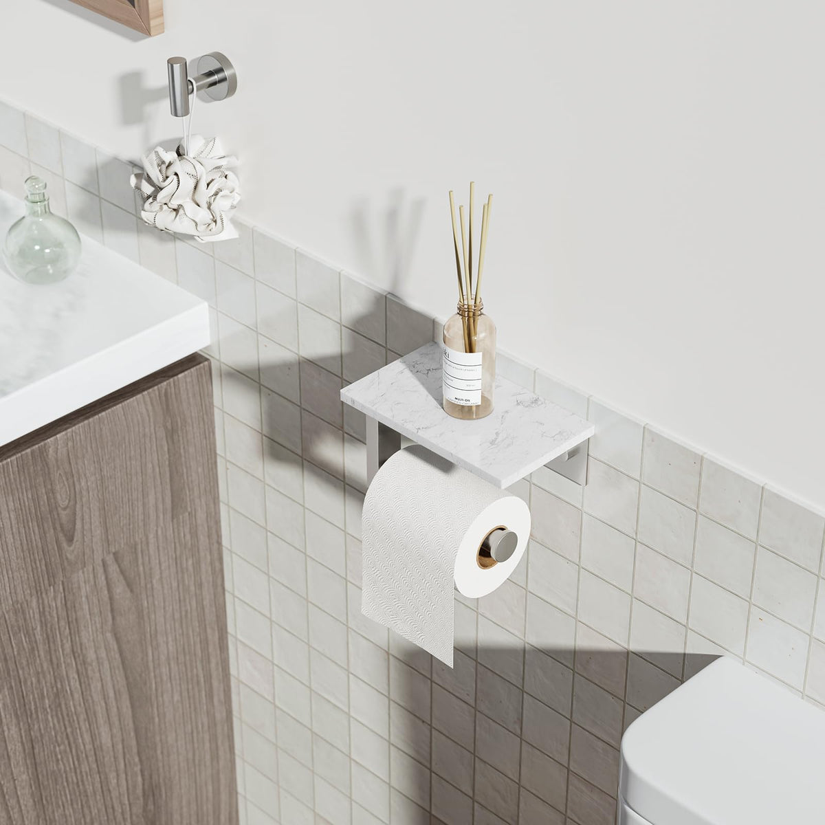 BATHLAVISH Toilet Paper Holder with Marble Shelf, 304 Stainless Steel Tissue Hand Holder Wall Mounted Toilet Paper Roll Hold with Phone Shelf for Bathroom Kitchen Washroom Bedroom, Brushed Nickel