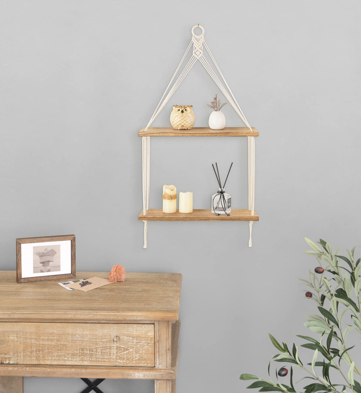 Mkono Macrame Hanging Shelf Boho Wall Decor 2 Tier Handmade Cotton Rope Rustic Wood Floating Shelves Display Photos Plants Hanging Storage Shelving for Living Room Nursery Bathroom Bedroom