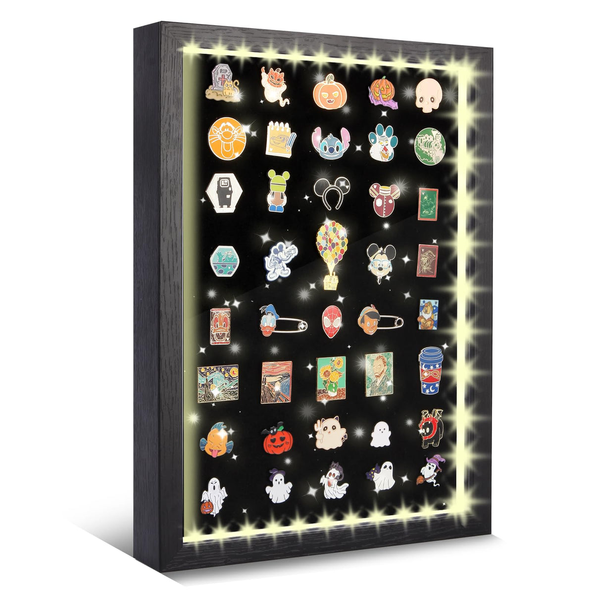 swakuszy Light Up Pin Display Case – 16x12 Black Enamel Pin Display Board with Light, Pin Holder and Pin Collection Display Frame, Pin Display for Wall or Tabletop, Pin Board for Enamel Pins