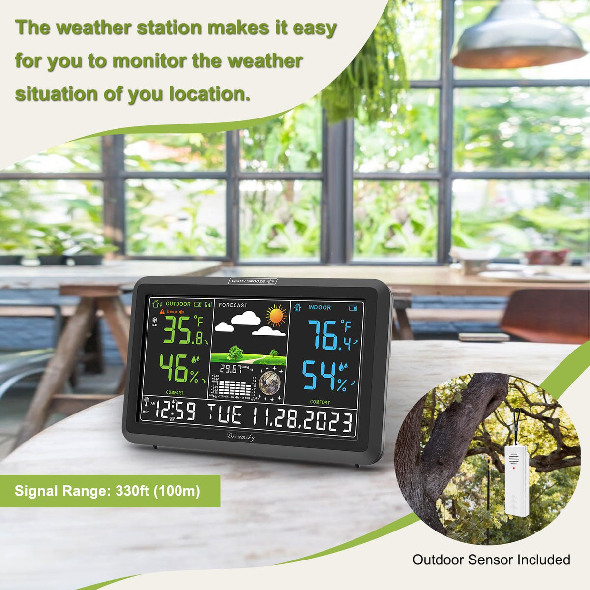DreamSky Weather Station Indoor Outdoor Thermometer Wireless with Digital Atomic Clock for Home, Large Display with Dimmer, USB Port, Inside Outside Temperature Humidity Monitor (Plug-in)