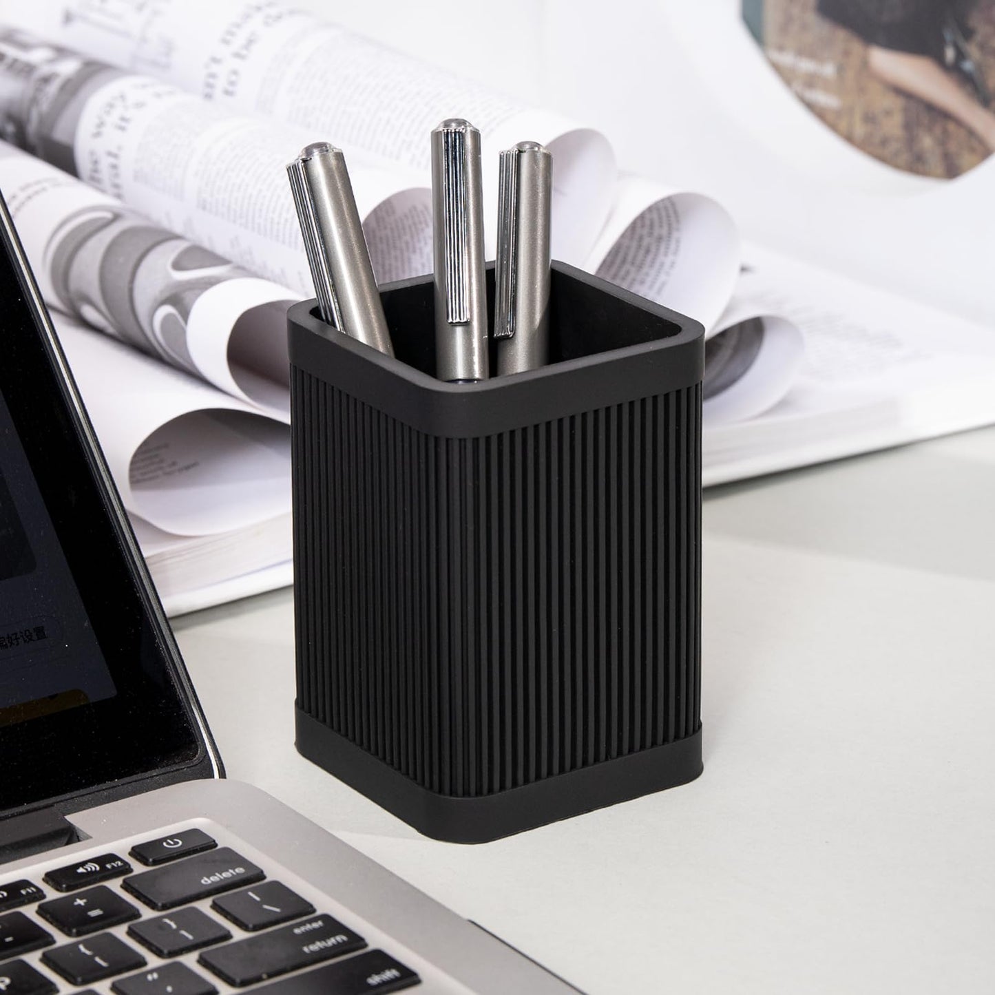 HighHerz Aesthetic Pen Holder For Desk, Modern Silicone Pencil Holder, Stylish Office Desk Decor, Made of 5 mm Thickened Premium Silicone, Office Desk Organizer And Accessories (Black)
