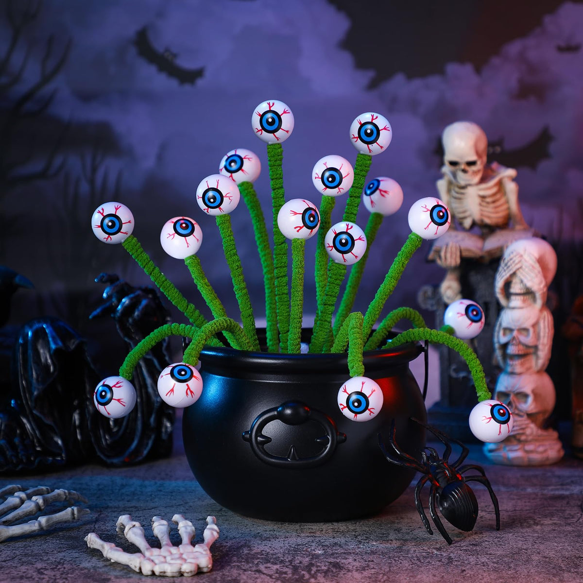 Wavwavw 12 Pcs Halloween Eyeball Picks Halloween Floral Picks 10 Inch Branch Green Decoration Stems Props Decor for Home Office Party Indoor Gifts(Green)