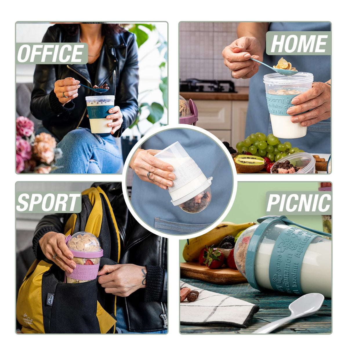 EYNEL 4 Pack Reusable On The Go Yogurt Parfait Cups, Breakfast Plastic Containers with Lids and Spoons, Perfect Jars for Overnight Oats Cereal Granola Oatmeal Smoothies and Snack Prep