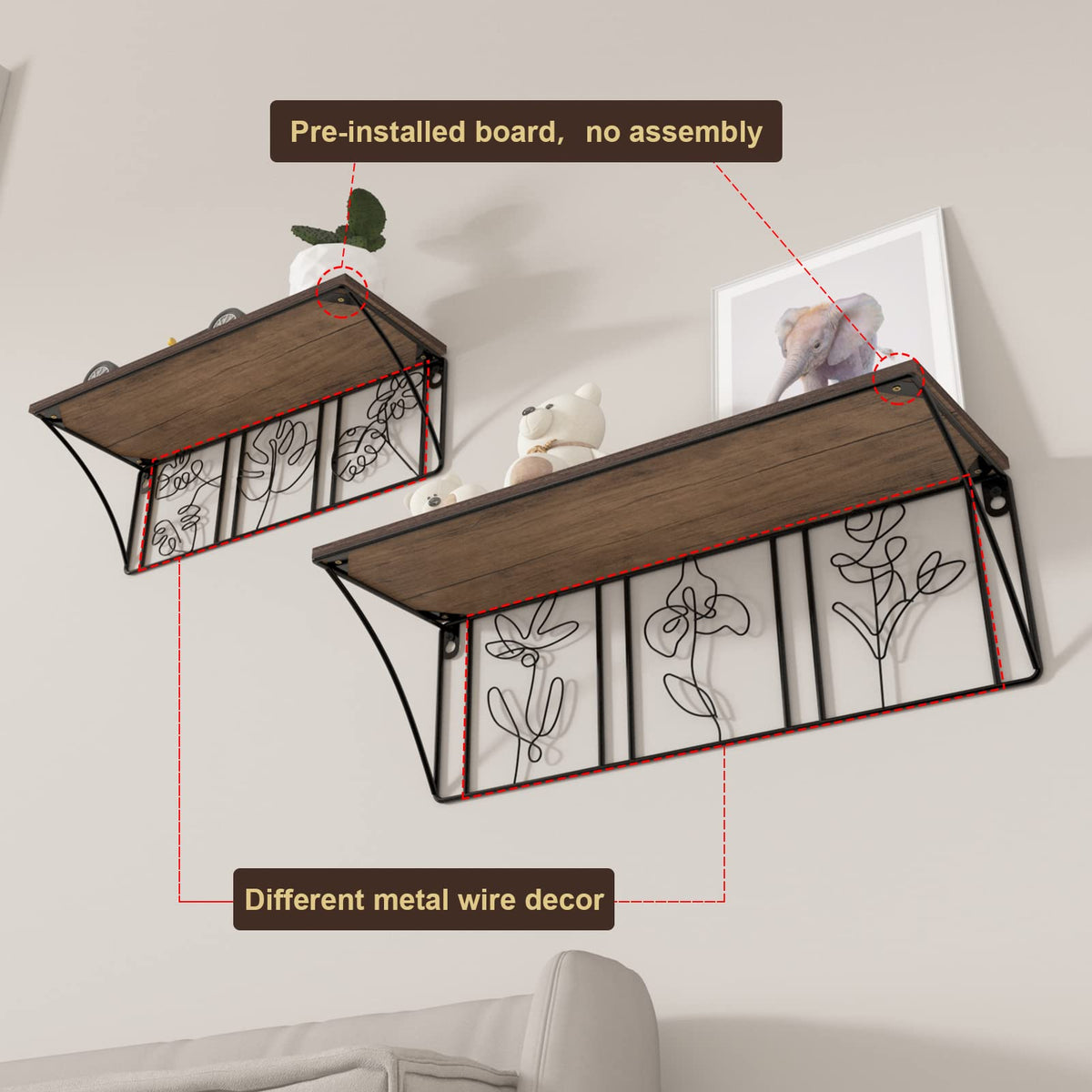 QUTREY Plant Wall Art Floating Shelves Set of 2, Minimalist Metal Abstract Decor Rustic Wooden Shelf for Living Room, Bedroom, Bathroom