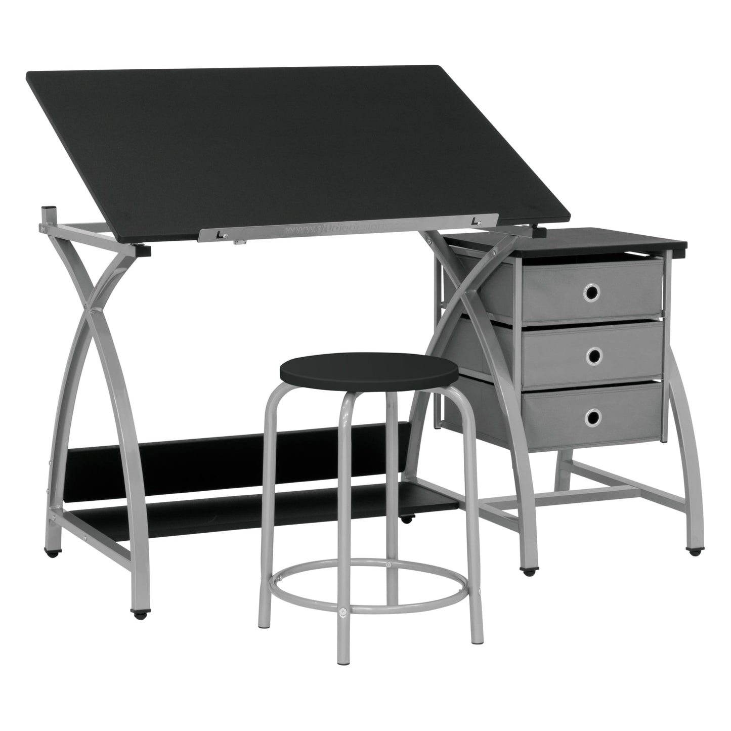 SD Studio Designs 2 Piece Comet Center Plus, Craft Table and Matching Stool Set with Storage and Adjustable Top, Silver/Black