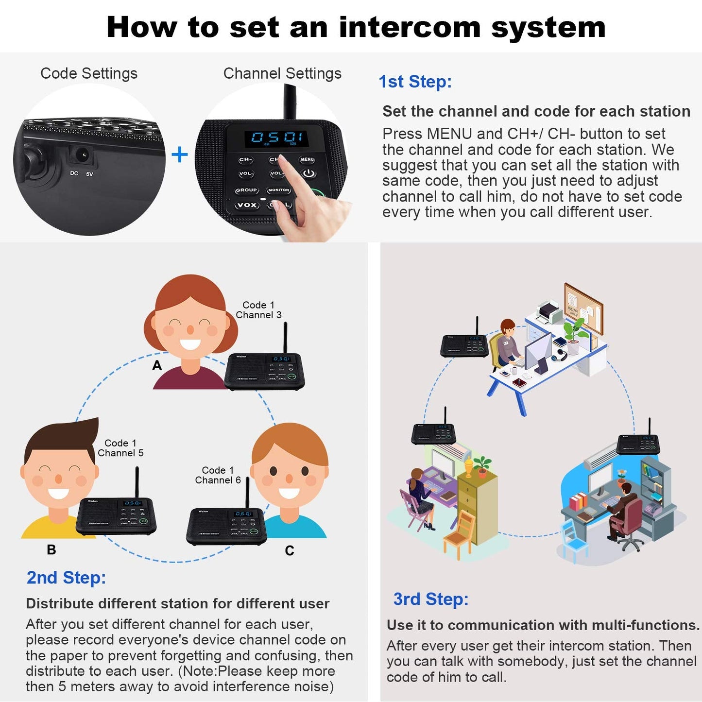 Wuloo Intercoms Wireless for Home 1 Mile Range 22 Channel 100 Digital Code Display Screen, Wireless Intercom System for Home House Business Office, Room to Room Intercom Communication (6 Packs, Black)