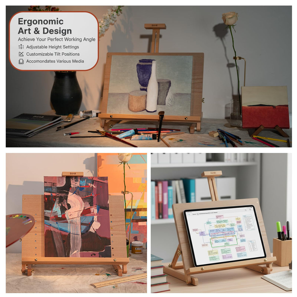 DJAR Tabletop Easel for Painting, Adjustable Solid Beech Wood Table Top Easel Stand for Artists & Adults, Sketching Drawing Board Hold Canvas up to 23", Natural