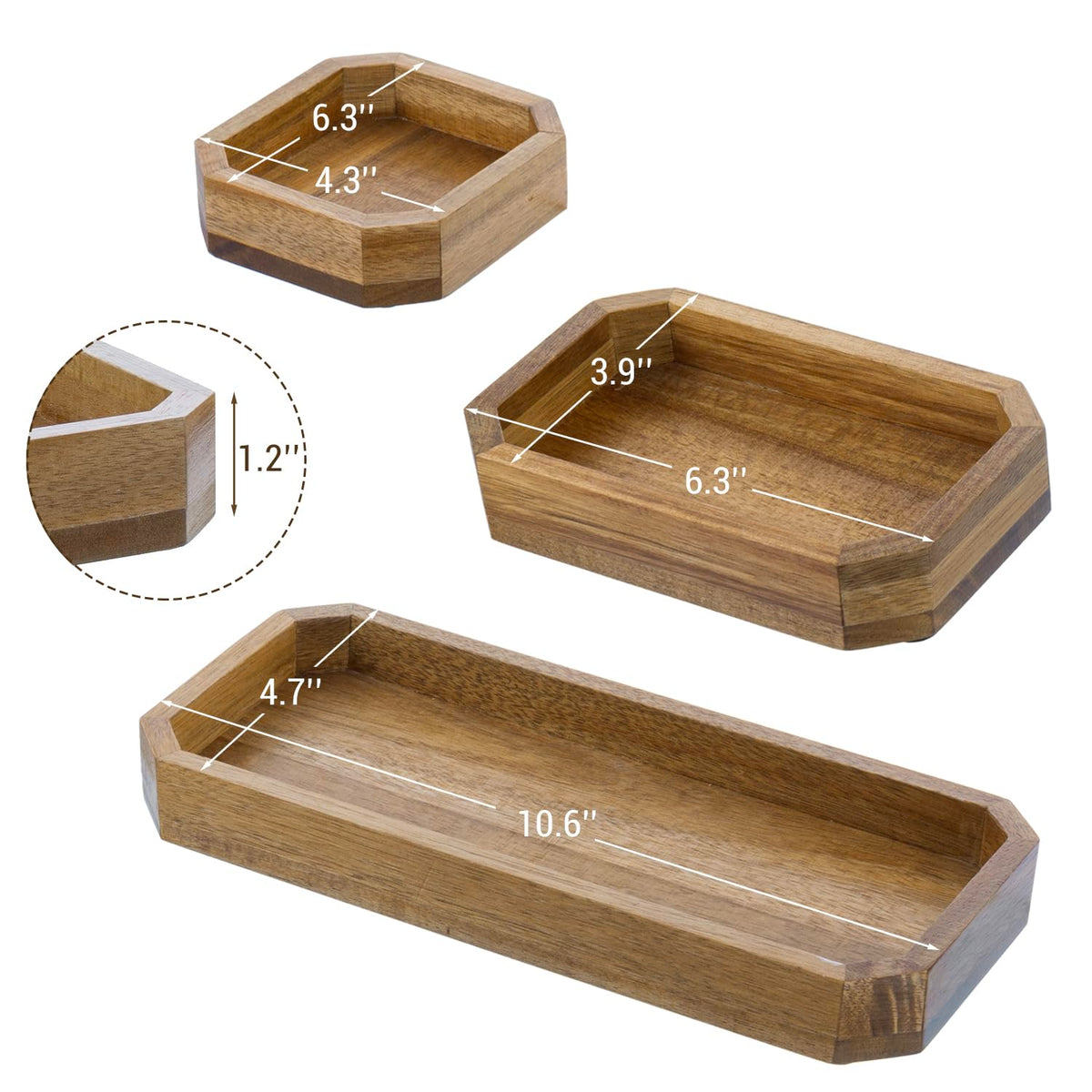 MyGift Premium Solid Acacia Wood Octagonal Desk Organizer Trays Office Stationery Holders, 3 pc Set