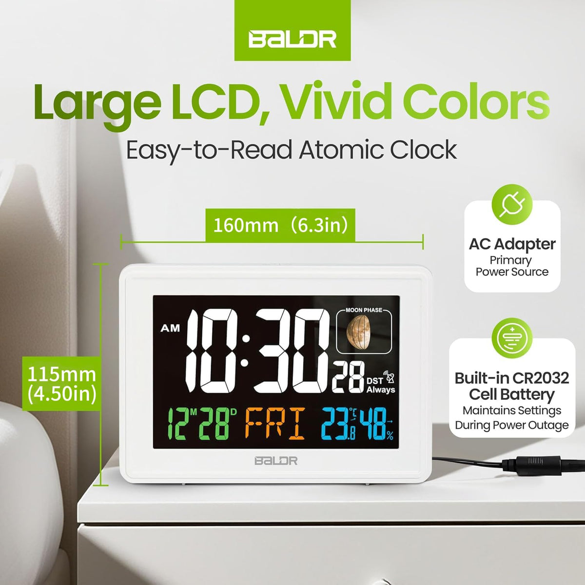 Baldr Atomic Clocks for Bedrooms Digital Large Display - White - Desk Clock with Temperature Indoor and Humidity, Night Stand Clock, Moon Phase Clock, Alarm Clocks for Living Room, Digital Clock Wall