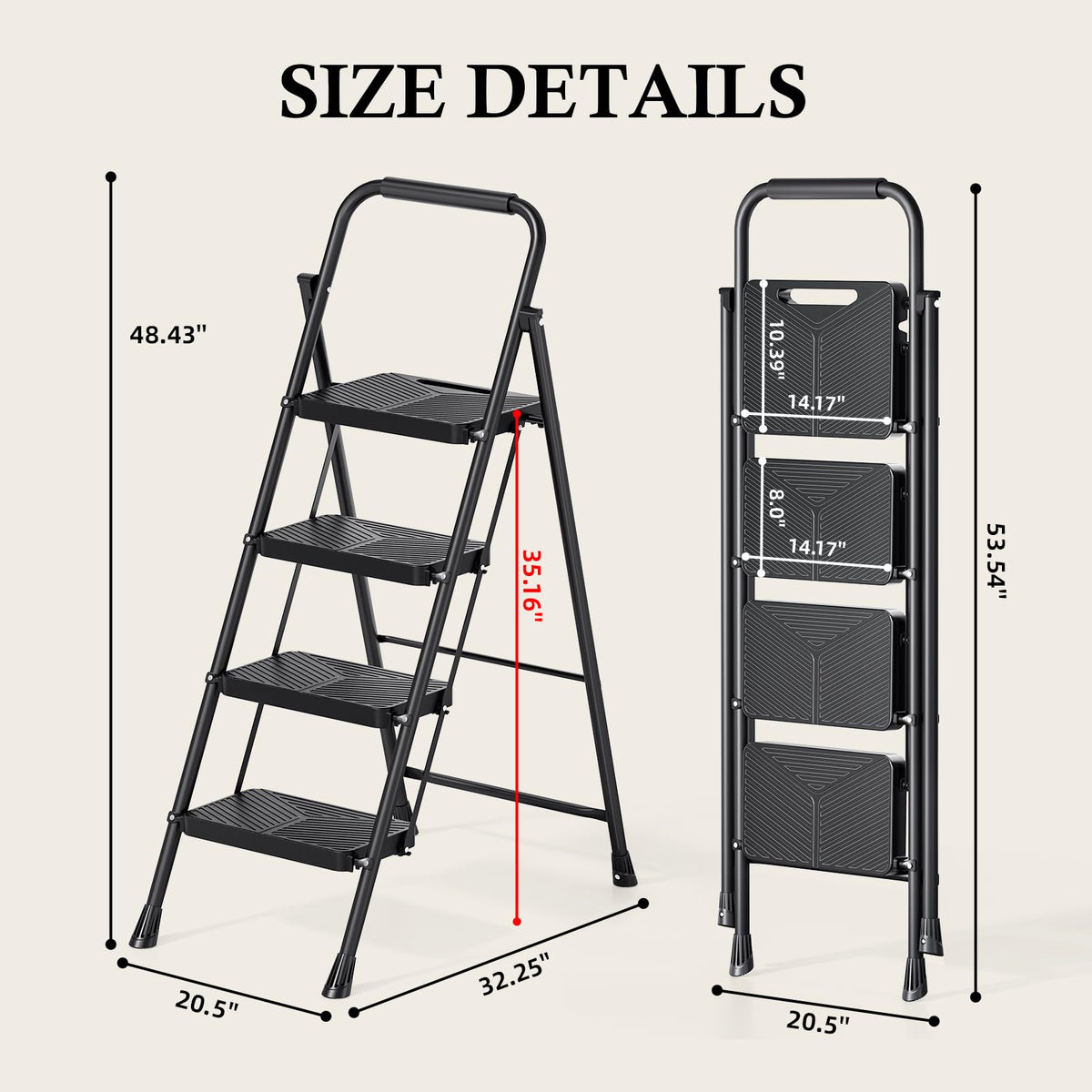 Urackify 4 Step Ladder, Portable Folding Ladder for Multi-Purpose, Home, Kitchen, Heavy Sturdy Steel Step Stool with Handrail, Anti-Slip Wide Pedals, Safe-Lock Design, Pass 500lbs Load Testing, Black