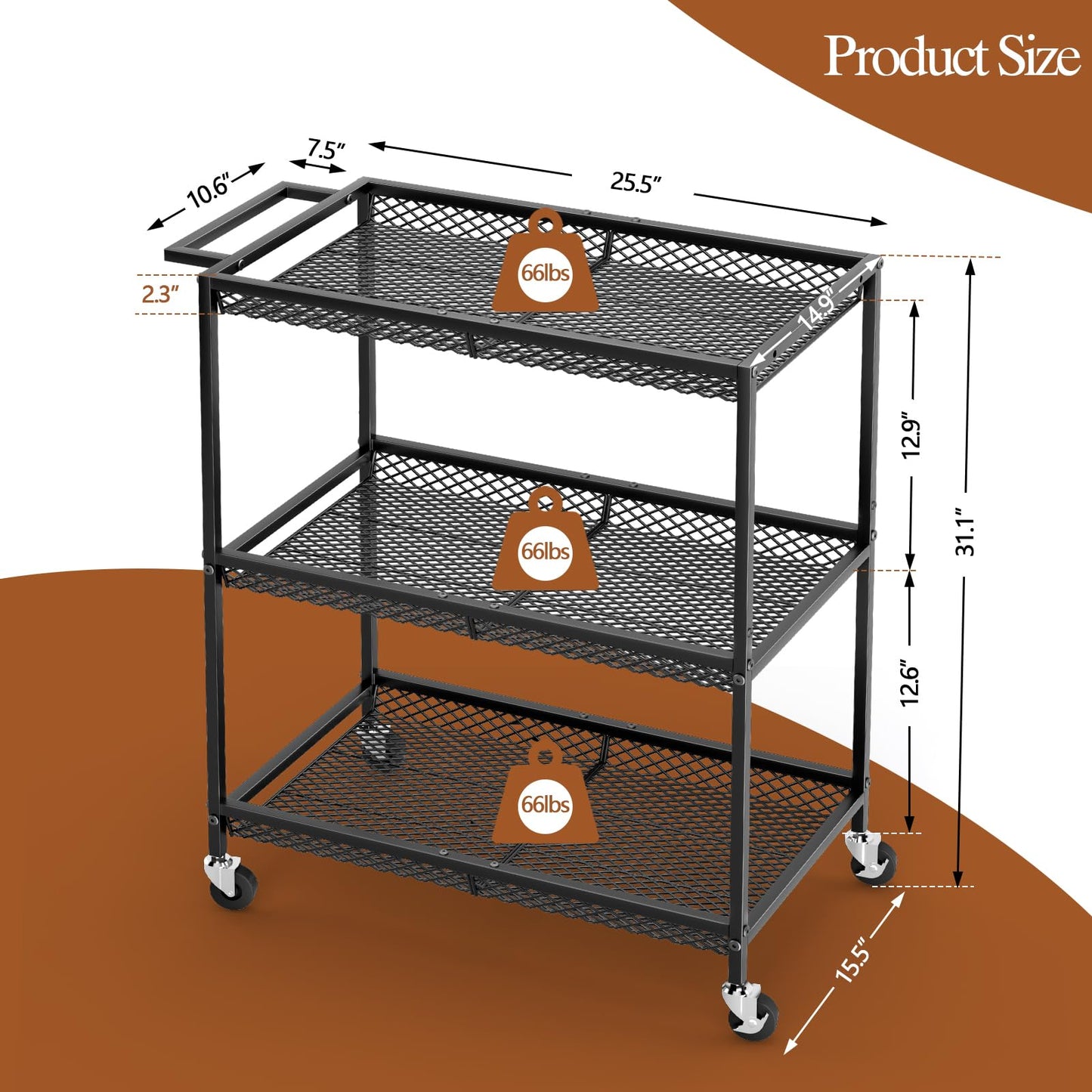 3 Tier Rolling Utility Kitchen Cart, Heavy Duty Wire Rolling Cart on Wheels, Commercial Metal Serving Carts with Handle, Kitchen Island Plant Shelf Food Storage Trolley for Laundry, Office, Garage