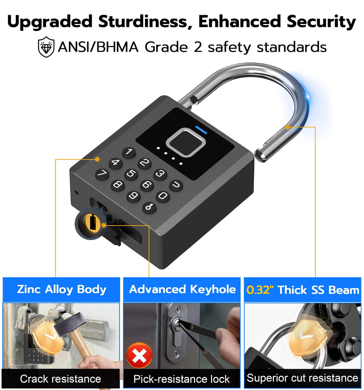 Anweller Heavy Duty Fingerprint Padlock with Key, Pad Lock with Code Keypad, Weatherproof Smart Bluetooth Electronic Digital Combination Lock for Gate Outdoor Fence Storage Unit Locker Shed Pool