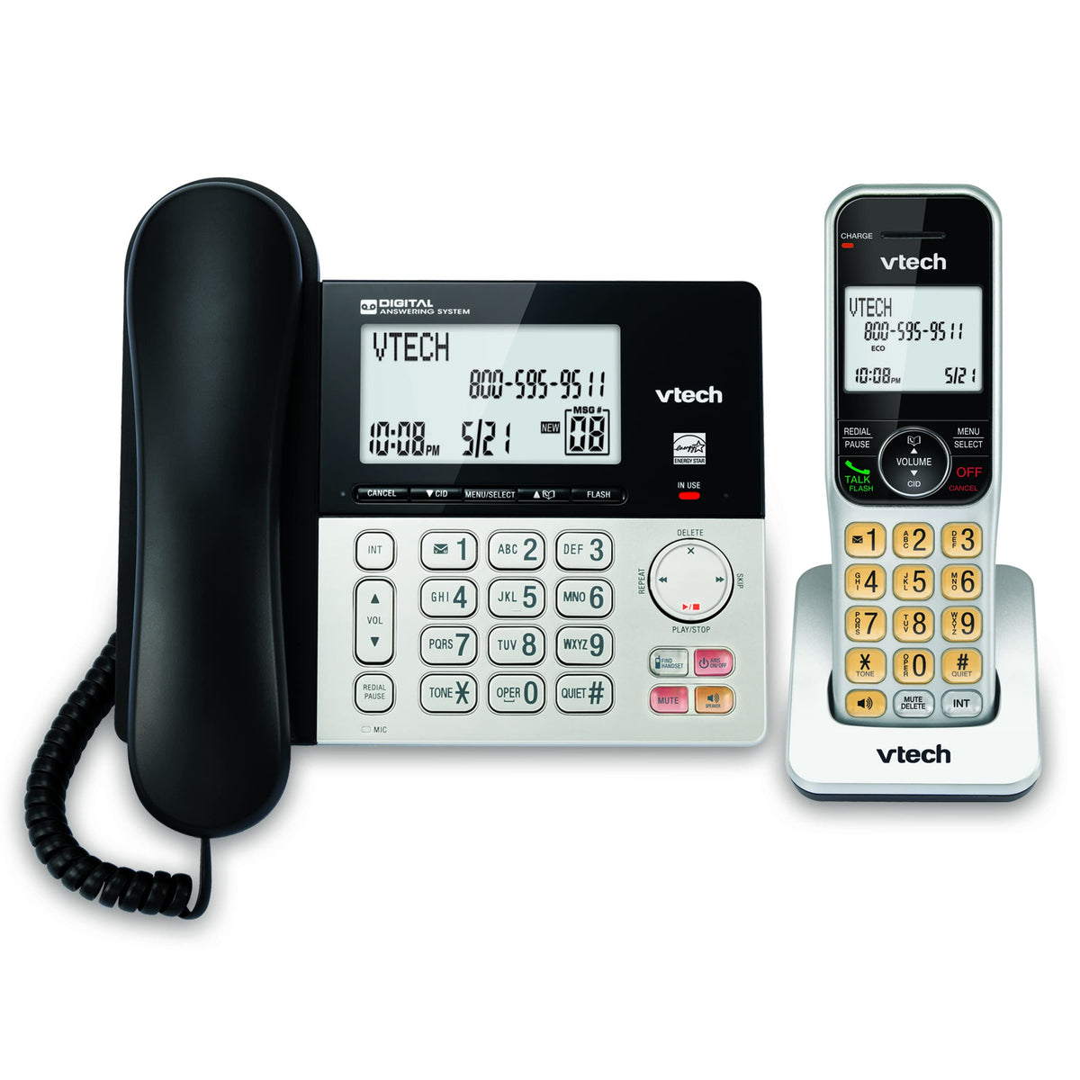 VTech VG208 DECT 6.0 Corded/Cordless Phone with Answering Machine, Call Blocking, Caller ID, Large Backlit Display, Full-Duplex Speakerphone - Silver/Black