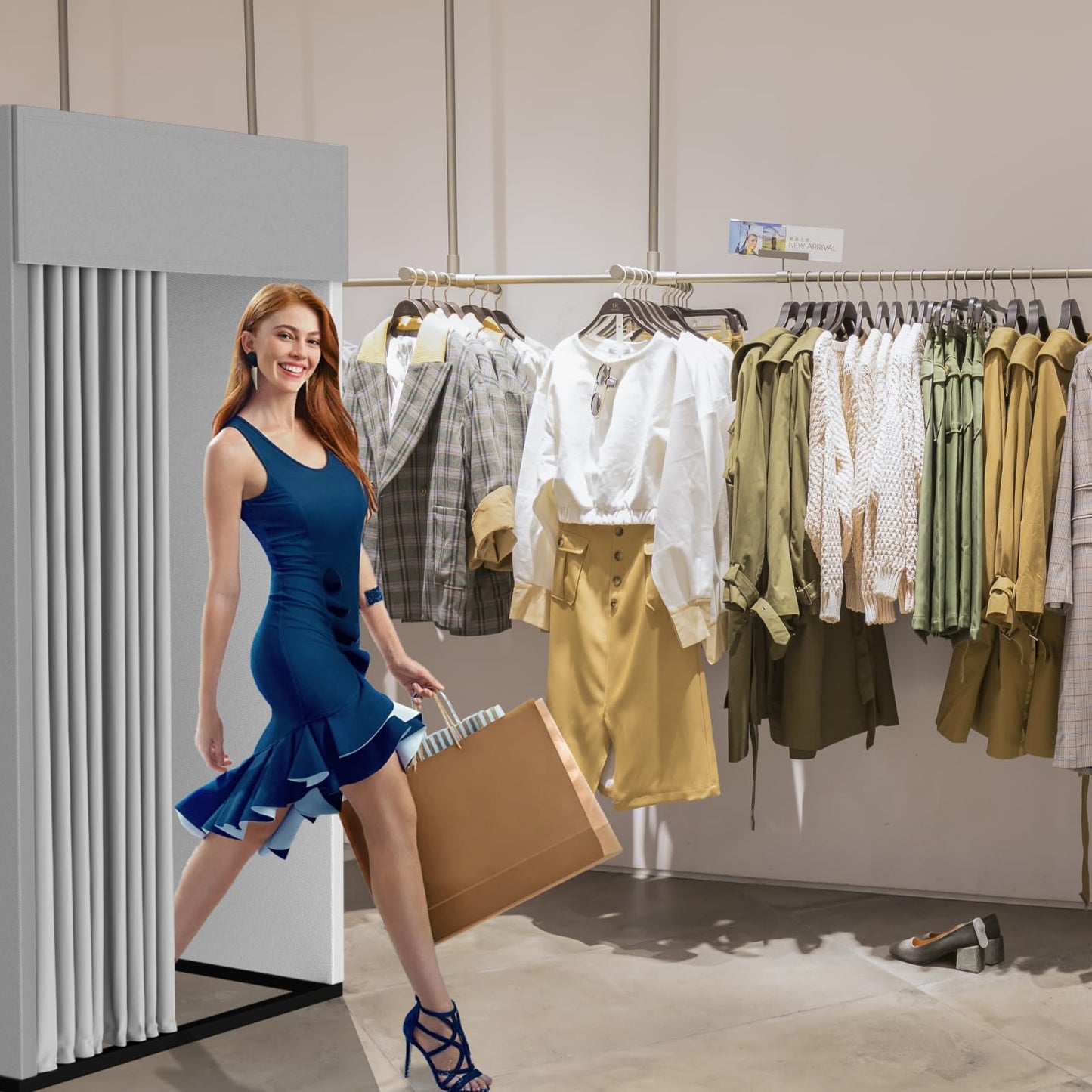 Madamera Clothing Store Fitting Room, Movable Square Changing Room, DIY Temporary Locker Room with Shading Curtain and Hook Up, Privacy Screen Partition for Office Outdoor Activity and The Mall