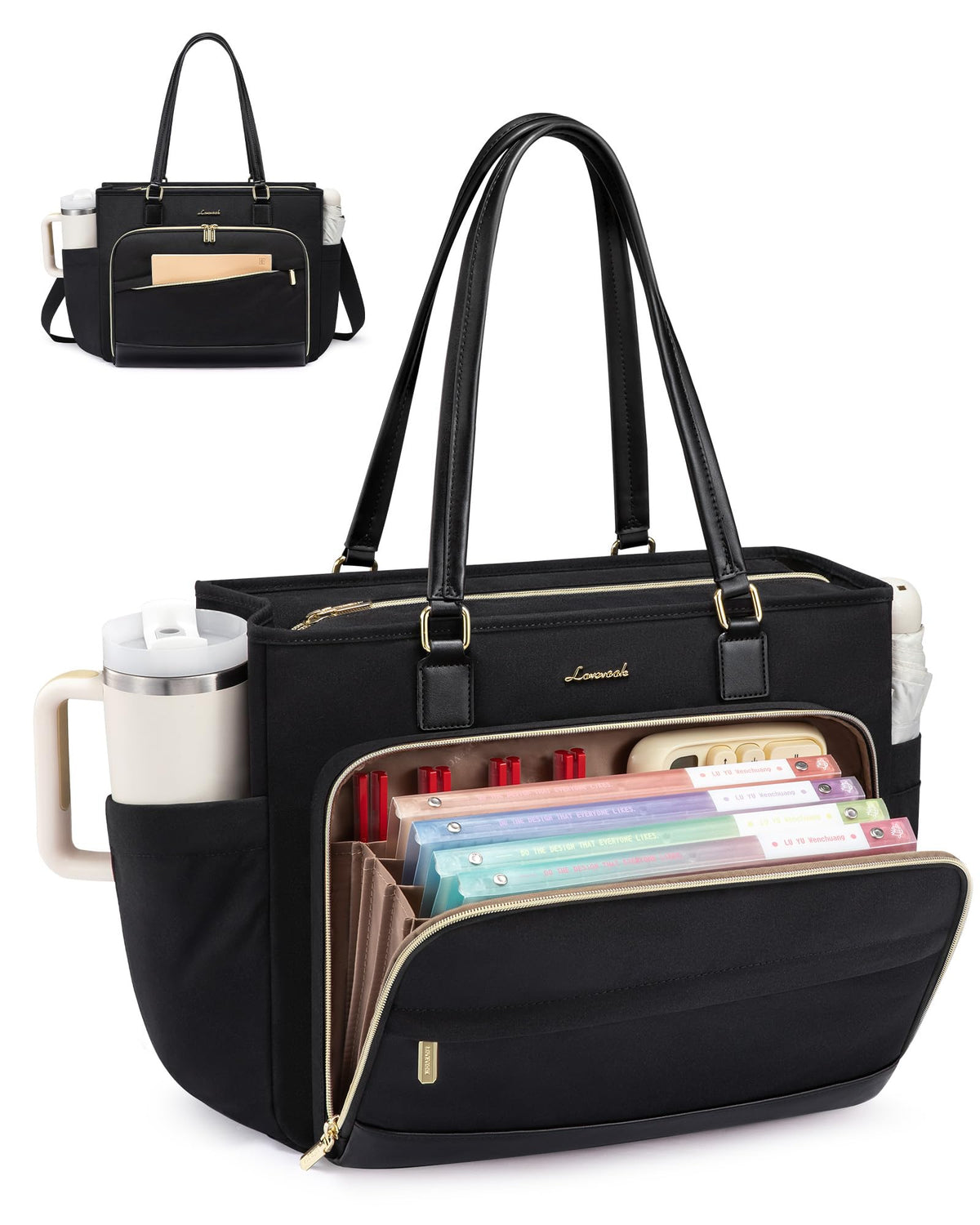 LOVEVOOK Lunch Tote Bag for Women 15.6 Inch, 3-in-1 Teacher Bag with Insulated Lunch Compartment, Padded Laptop Sleeve & File Organizer, Nurse Work Tote Bag with Cup Holder, Black