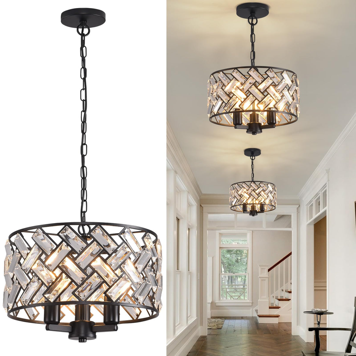 lobolighting Black Crystal Chandelier, 11'' Modern Chandelier, 3-LightSemi Flush Mount Ceiling Light Fixture for Dining Room Foyer Hallway