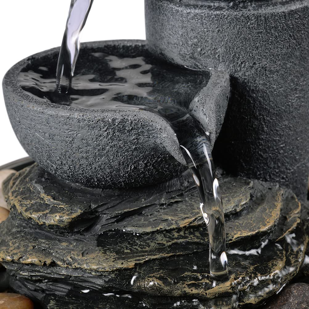 GOSSI Tabletop Water Fountain 2-Tier Indoor Waterfall Fountain with LED Light, Cobblestone & Glass Rolling Ball, Soothing Meditation Sounds for Office & Home Decor