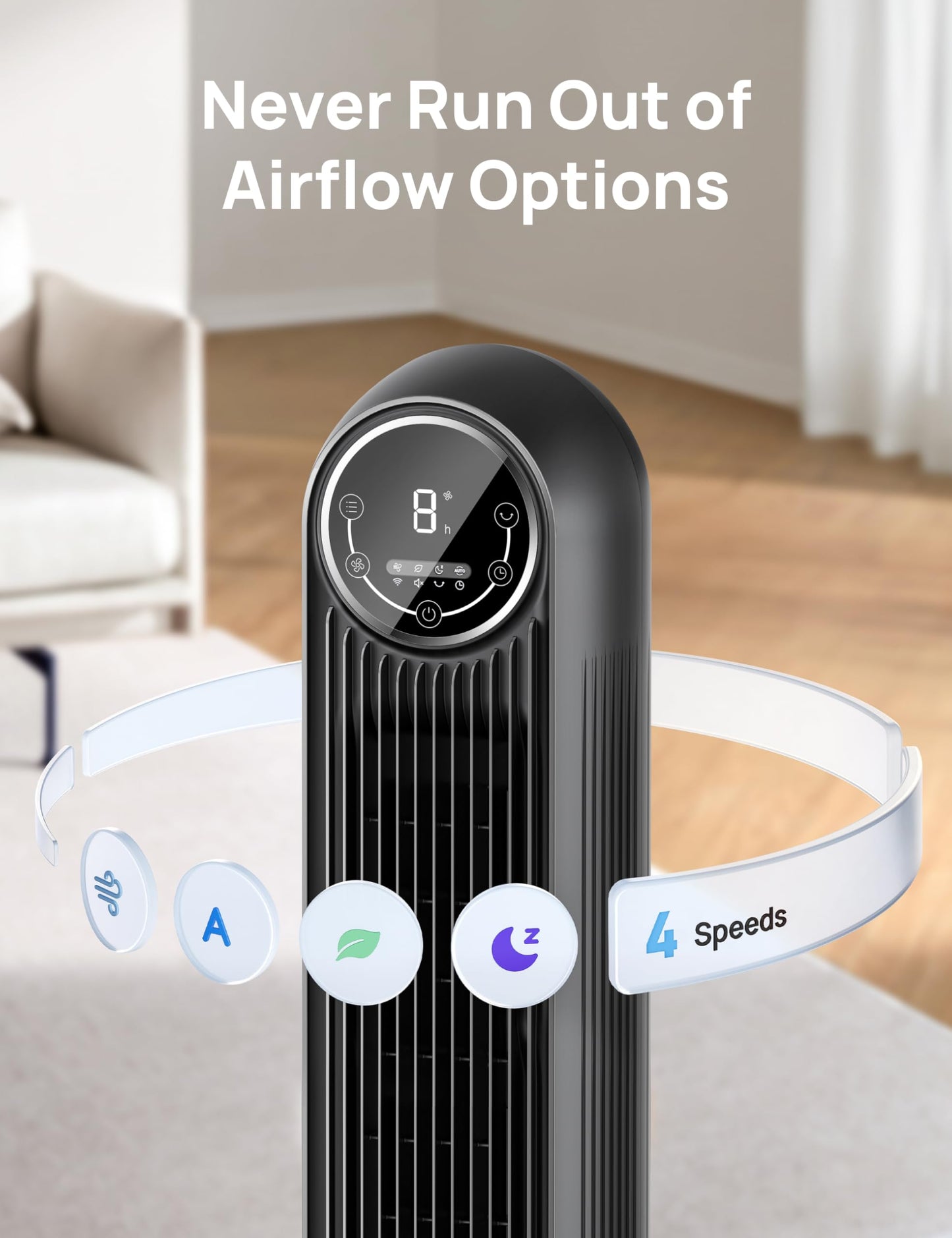 DREO Tower Fan for Bedroom, 2026 Upgraded DC Motor, 28ft/s High Velocity, 20dB Ultra Quiet Standing Fan, 8 Speeds 4 Modes, 90° Oscillating Bladeless Fan for Indoors, Floor Fans with Remote, Black