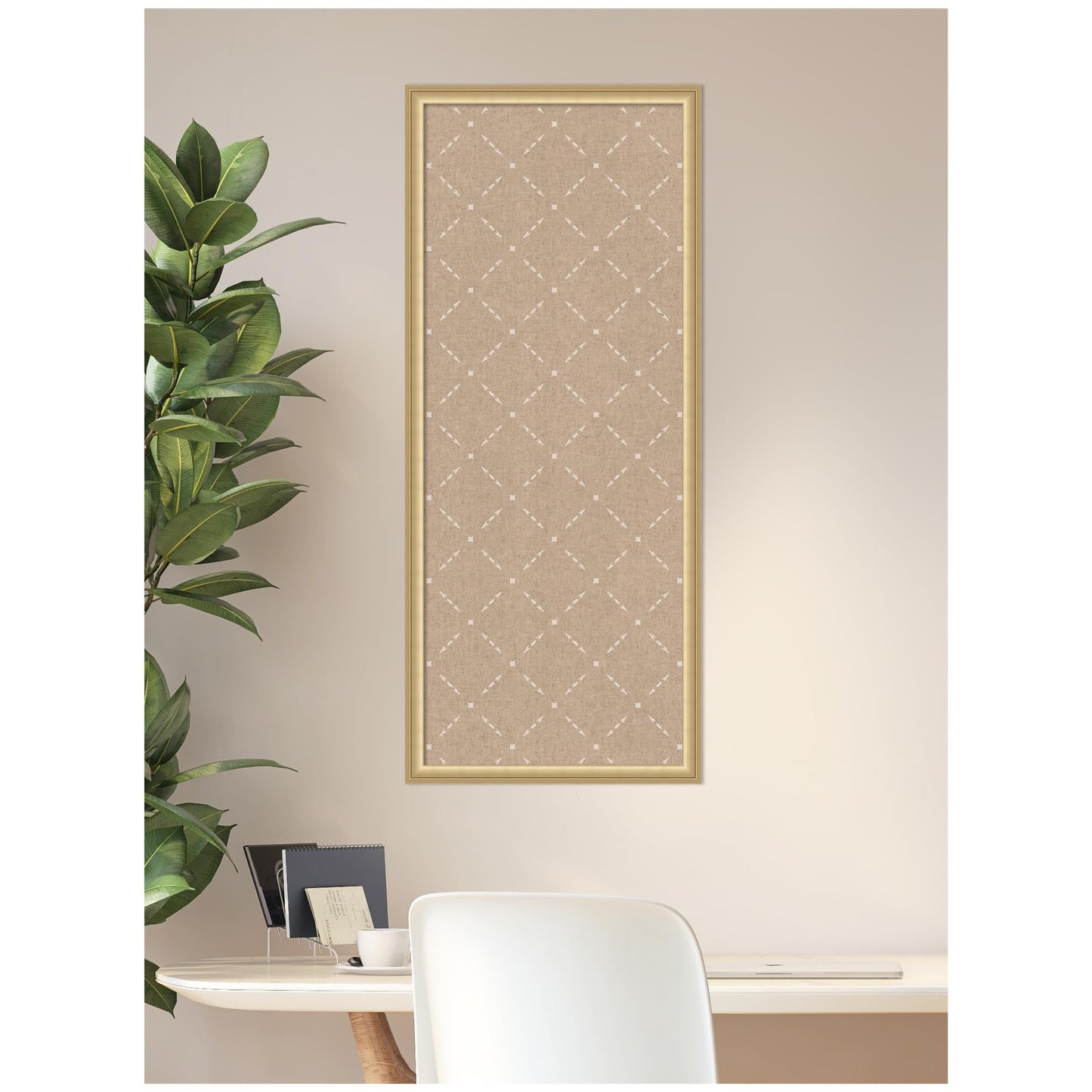 Kate and Laurel Framed Fabric Pinboard 18 x 42, Beige Lattice Pattern Printed Linen Classic Bulletin Board for Use as a Vision Board or Wall Organization, Florence Gold Frame