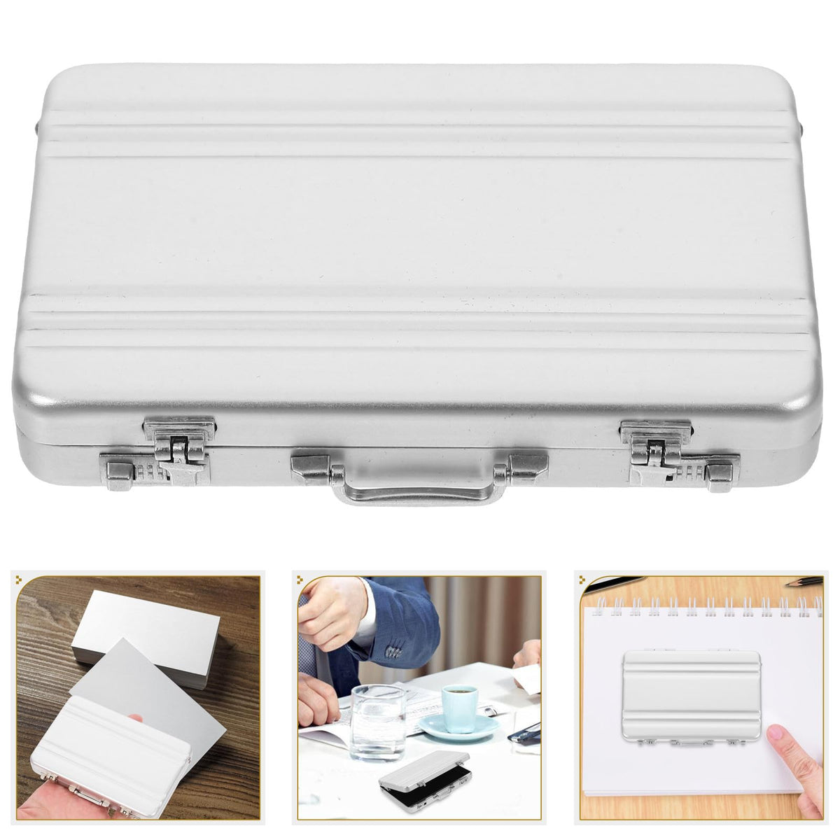 Tofficu Business Card Holder, Aluminum Alloy Name Card Case with Handle, Mini Metal Briefcase Organizer for Business Meetings And Events Storage Men（sliver）