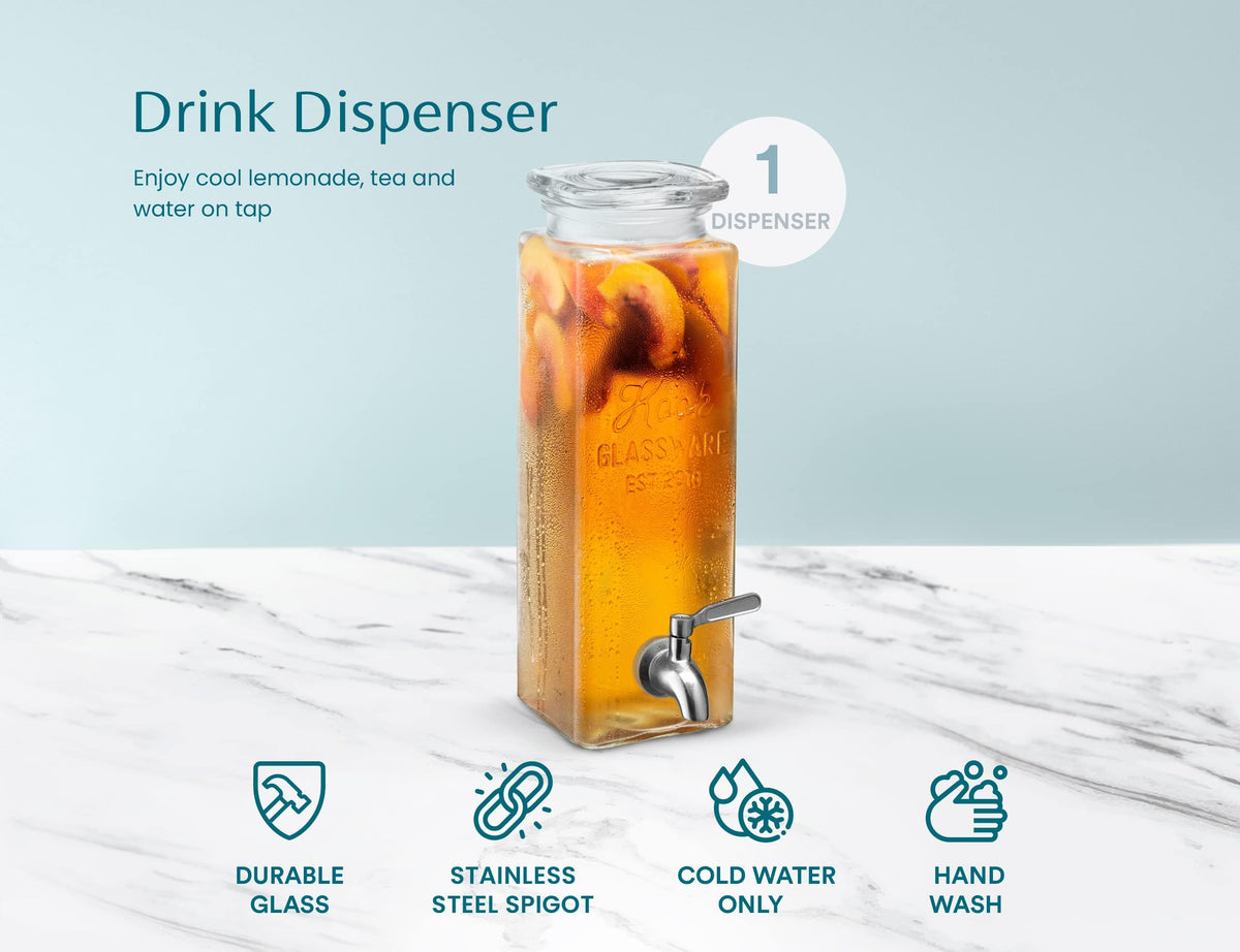 Kook Drink Dispenser, 80 oz, Water Dispenser Countertop, Glass Drink Dispenser, Beverage dispenser, with Leak-Proof Spigot, Clear Rectangular Jar, Storage for Party, Fridge, for Water, Iced Tea