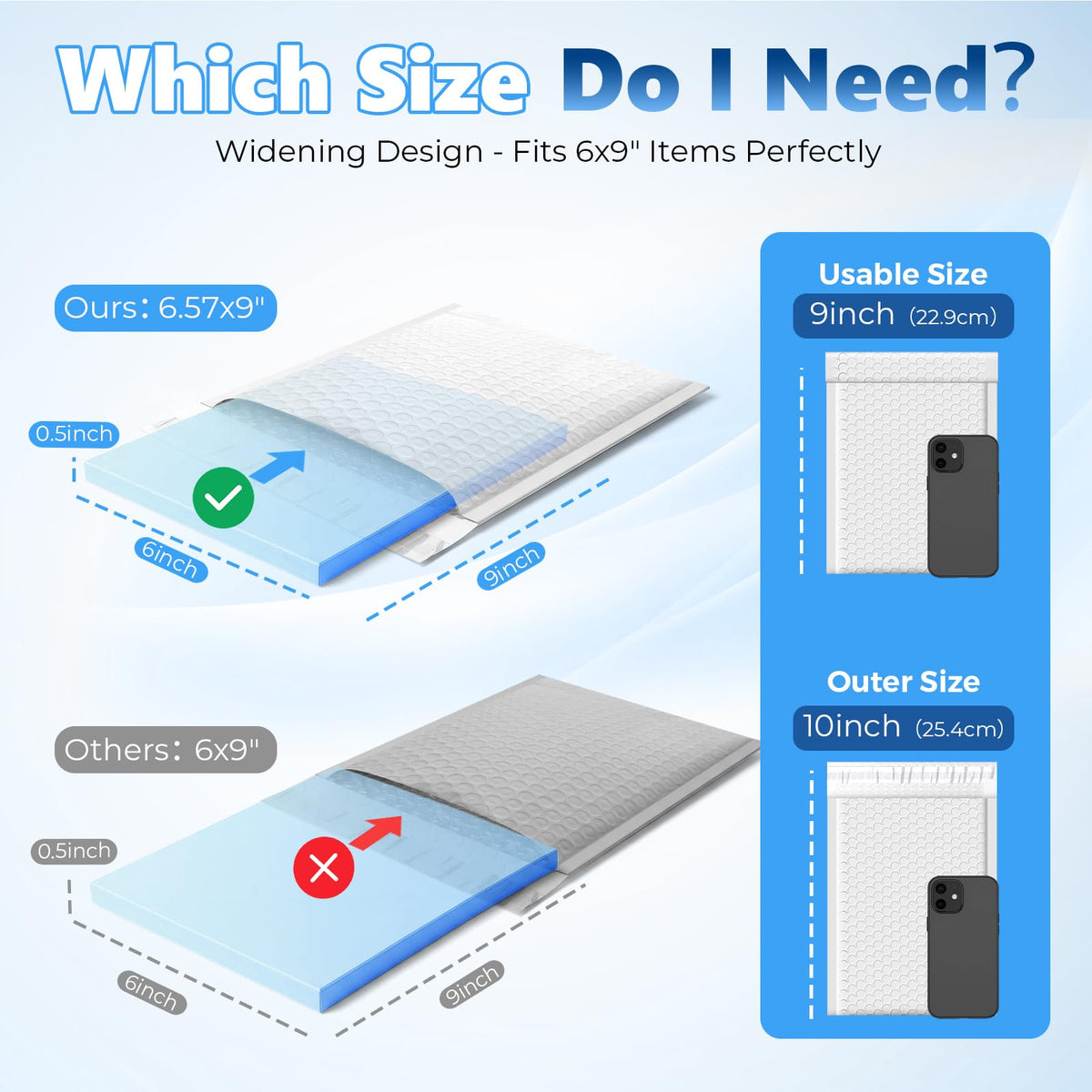 Metronic Bubble Mailers 6.57x10", Usable Size 6x9", 50 Pack, White Padded Envelopes, 50% Thicker 1/7" Bubble, Self Seal Waterproof Mailing Envelopes for CD,Jewelry & Small Business,#0