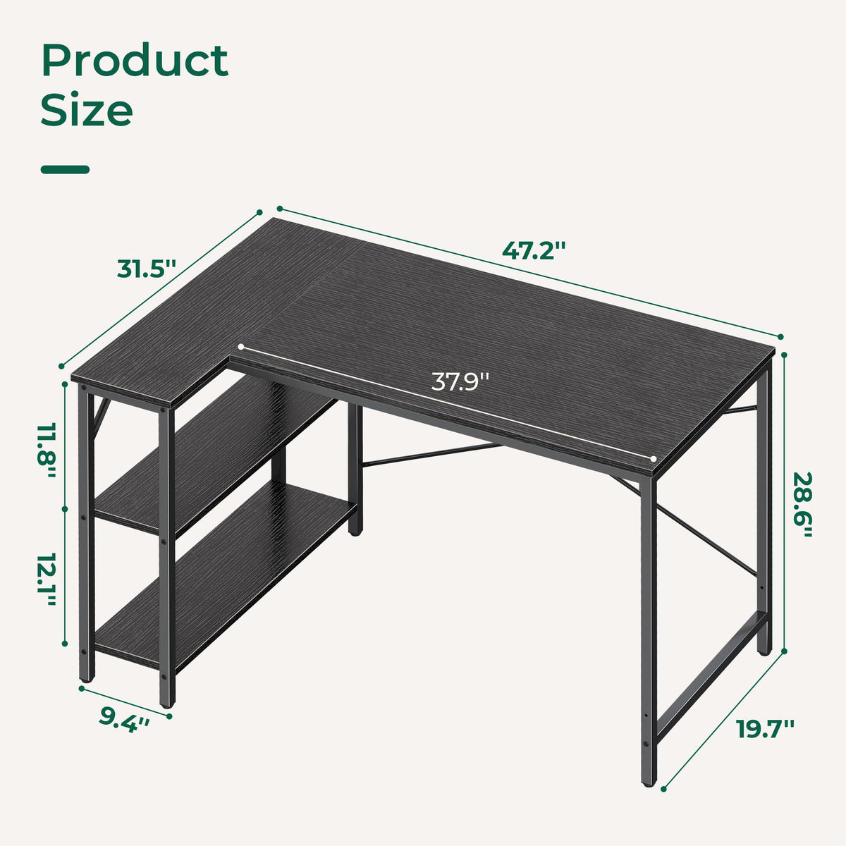 Huuger L Shaped Desk, 47 Inches Computer Desk with Reversible Storage Shelves, Gaming Corner Home Office Writing Study with Metal Frame, Black