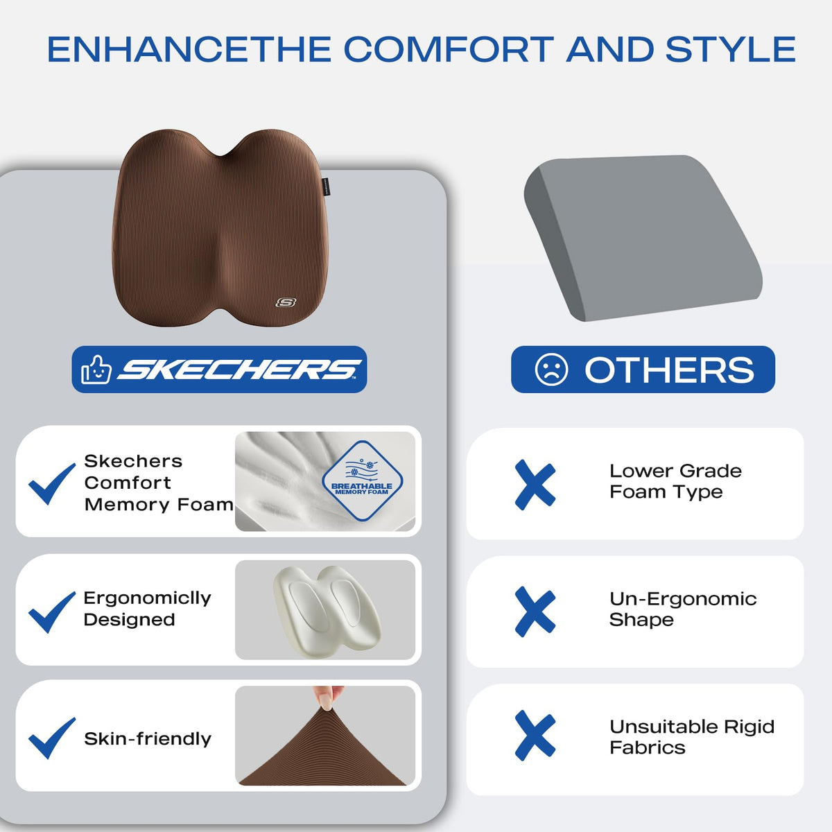 Skechers Seat Cushion, Ergonomic Memory Foam Cushion for Long Sitting Hours on Office & Home Chair, Car Seat Cushion for Sciatica, Coccyx Cushion,Brown