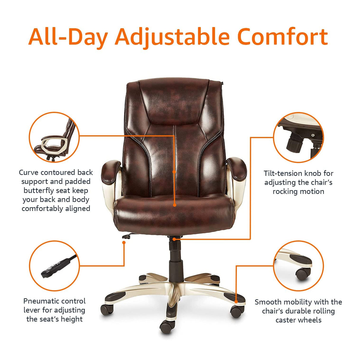 Amazon Basics Executive High Back Office Chair, Adjustable Height, Tilt, Swivel, Padded Armrests, Brown/Gold