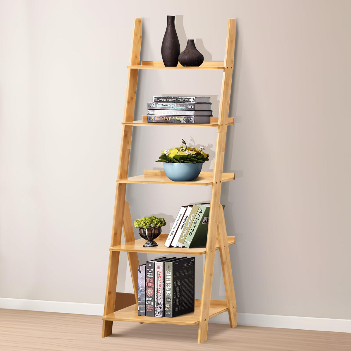 DOUSY- 5-Tier Bamboo Ladder Shelf Ladder Bookshelf Plant & Flower Stand Bookcase, Freestanding Storage Rack Organizer Display Shelf for Living Room, Home Office, Bedroom, Balcony, Natural Wood