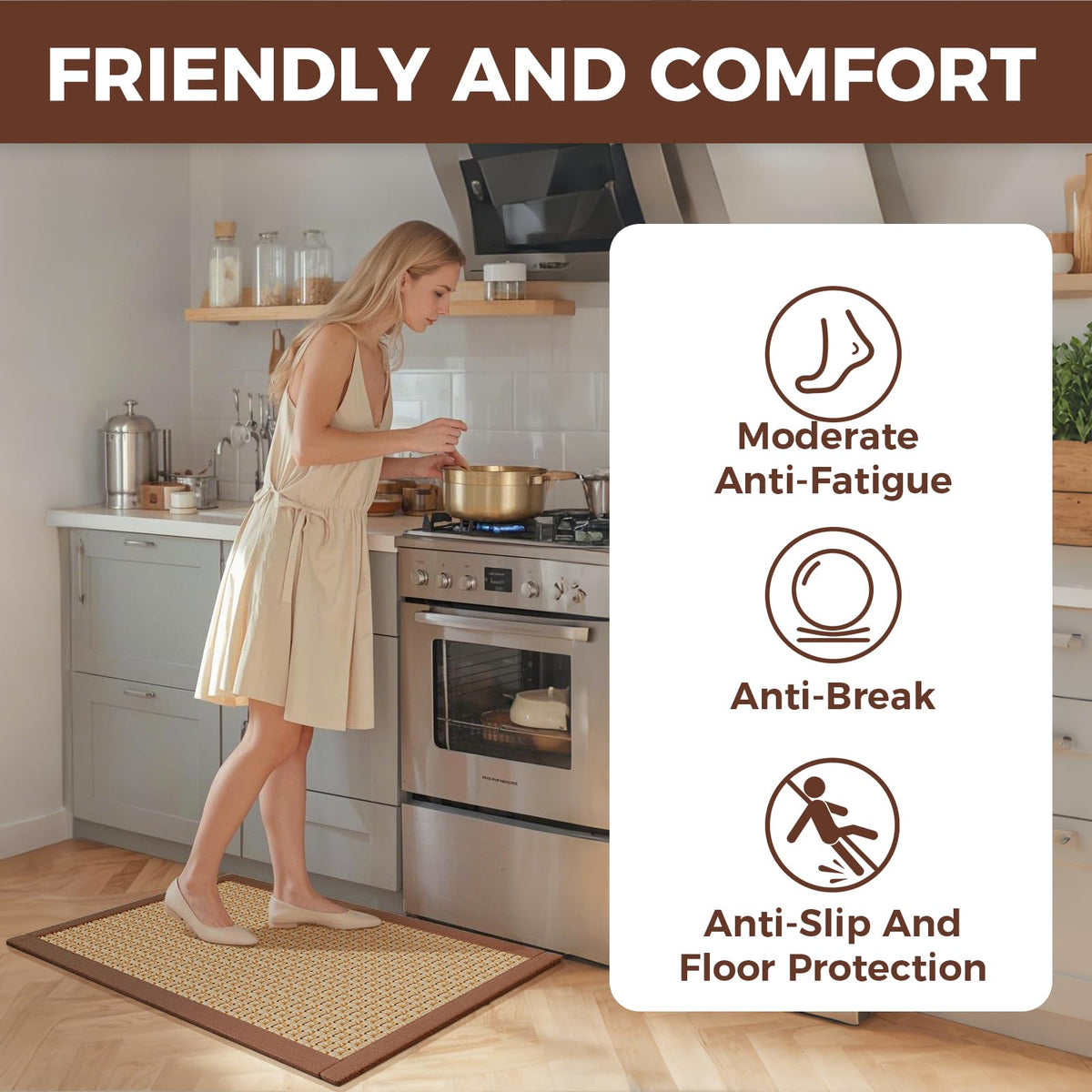 YDKGL Anti Fatigue Kitchen Rugs Mat Non Slip Washable, 0.4" Thick Soft Cushioned Absorbent Kitchen Mats for Floor, Jute-Like Woven Laundry Standing Mats Sink Mat, Easy Clean Care, Brown 17"x30"