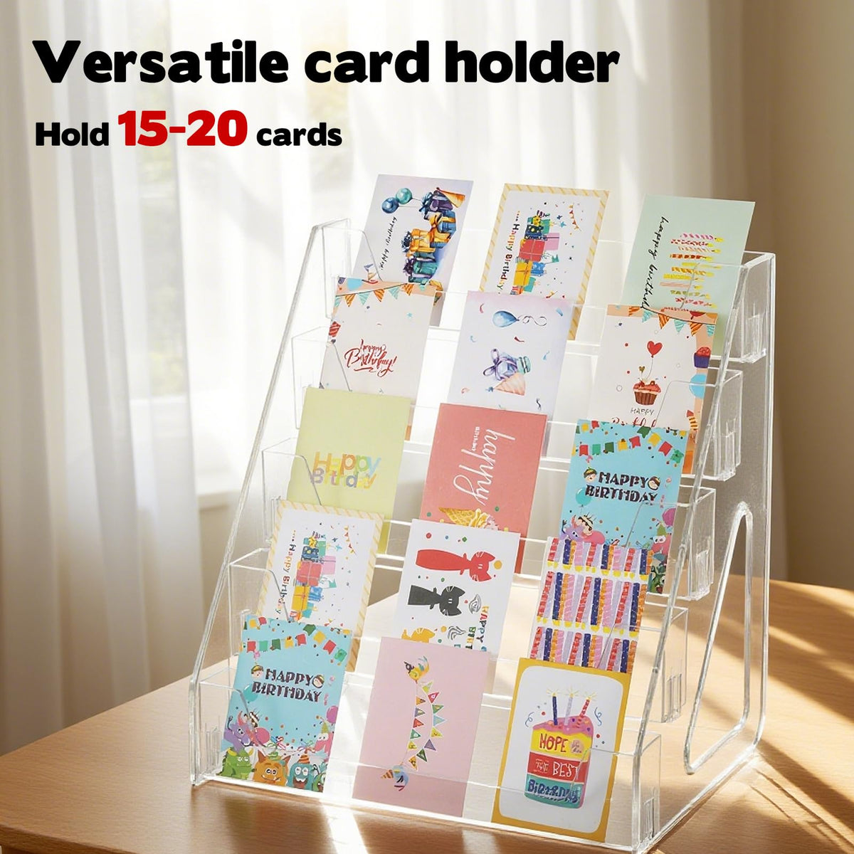 Hlimior 5 Tier Acrylic Card Display Stand(Tall Height), Clear Display Shelf Desktop for Trading Cards, Sports Cards, Greeting Card, Stickers & Brochures, Easy Clip-On Design