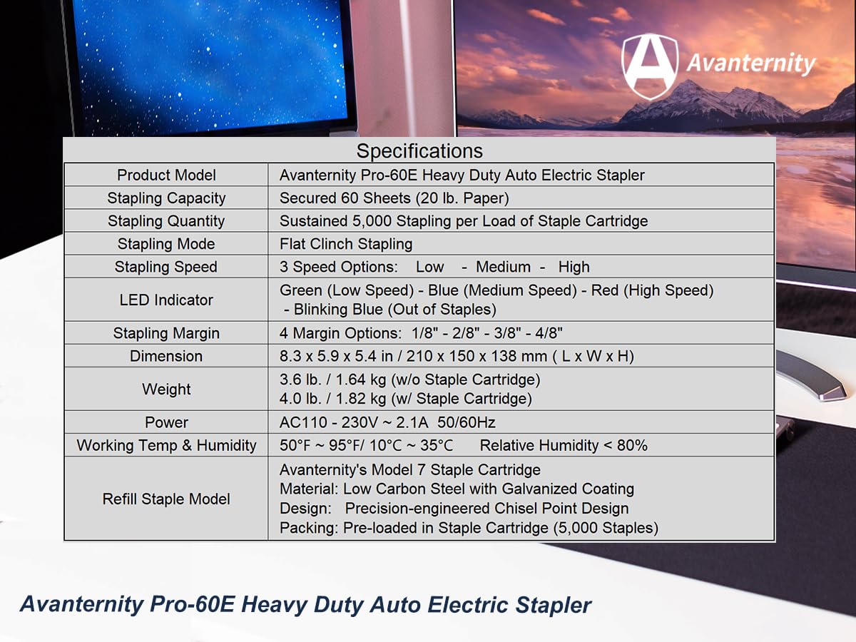 Avanternity's Pro-60E Heavy Duty Auto Electric Stapler (Value Kit) - Secured 60 Sheet Capacity, Includes 20,000 Staples
