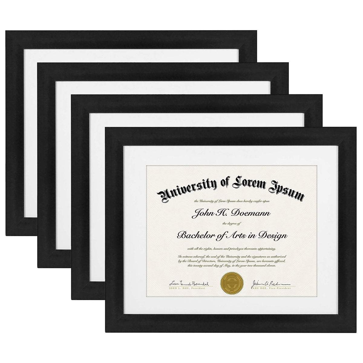 Americanflat 11x14 Diploma Frame with Shatter-Resistant Glass - Set of 4 - Use as 8.5x11 Frame with Mat or Display 11x14 Documents Without Mat - Certificate Frames with Engineered Wood - Black