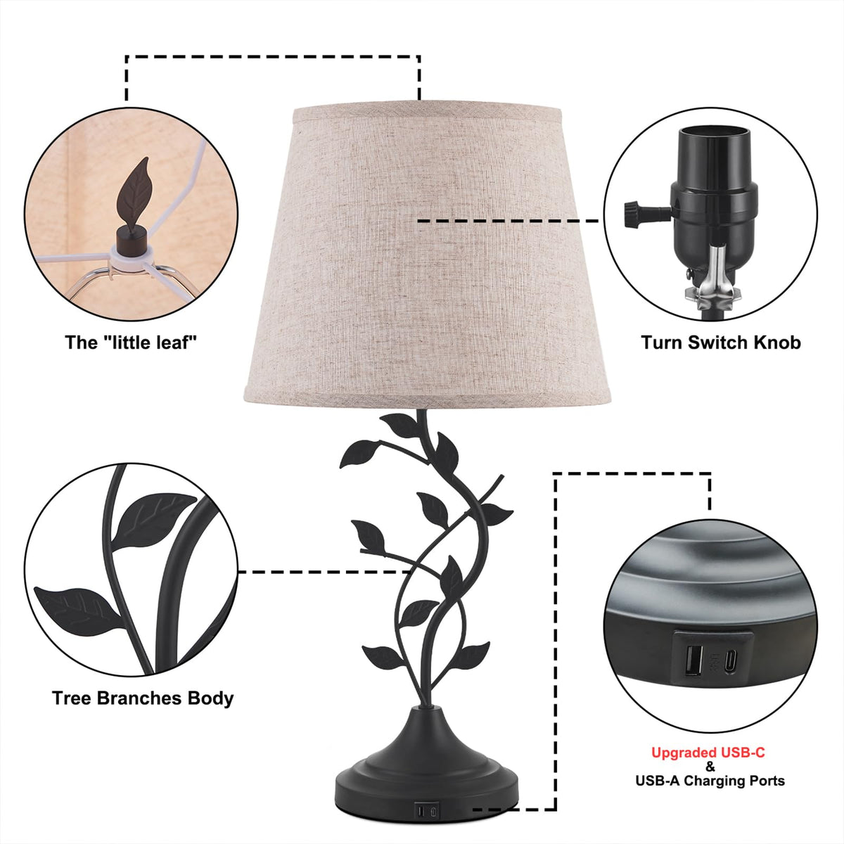Kakanuo Table Lamp for Bedside, Lamp for Living Room with USB-A and USB-C Charging Ports, Traditional Tall Bedroom Lamp for End Table