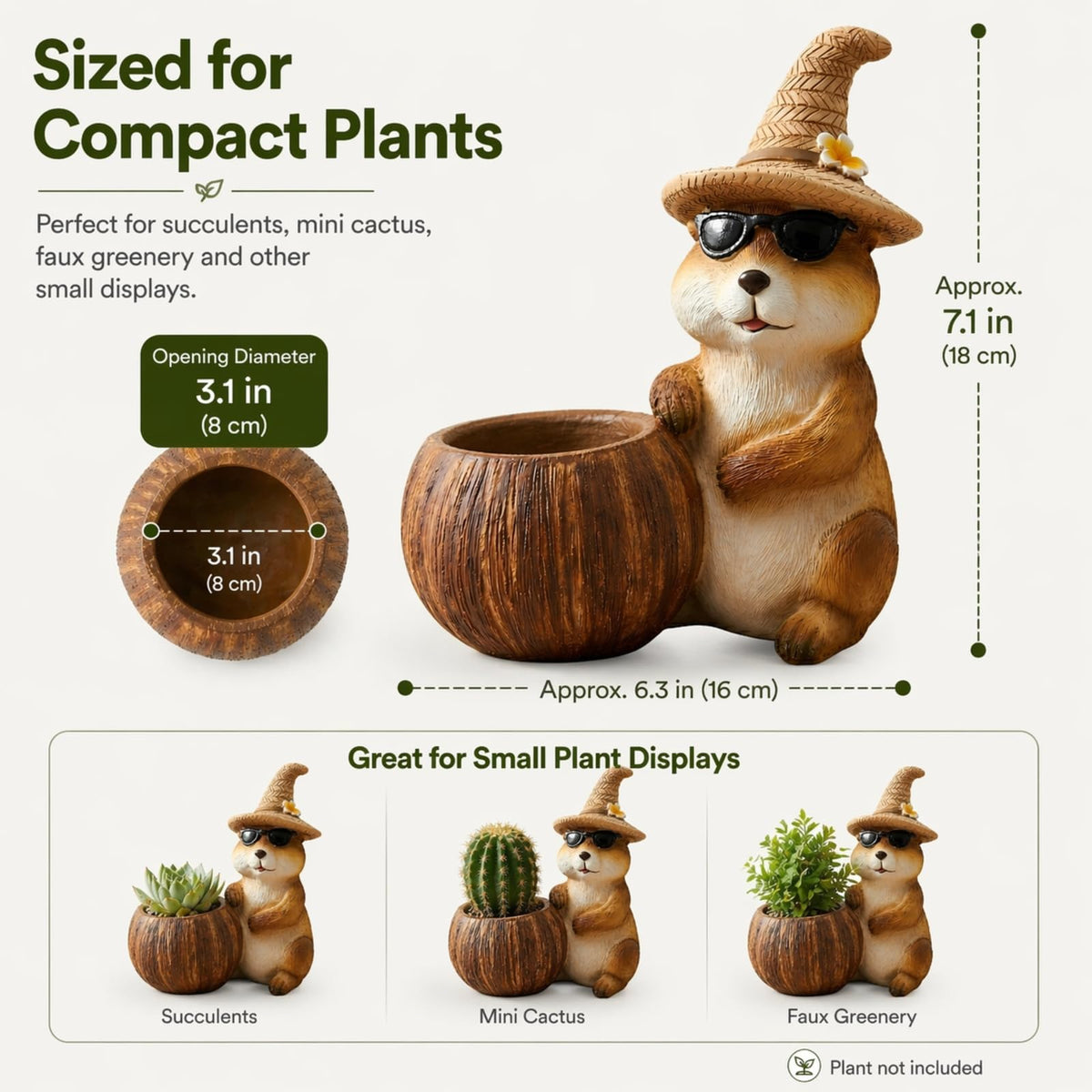 KREATIA Groundhog Planter with Drainage Hole, Resin Decorative Plant Pot for Succulents, Small Plants or Faux Greenery, Desk Shelf Windowsill Home Office Decor, 7.1 Inch
