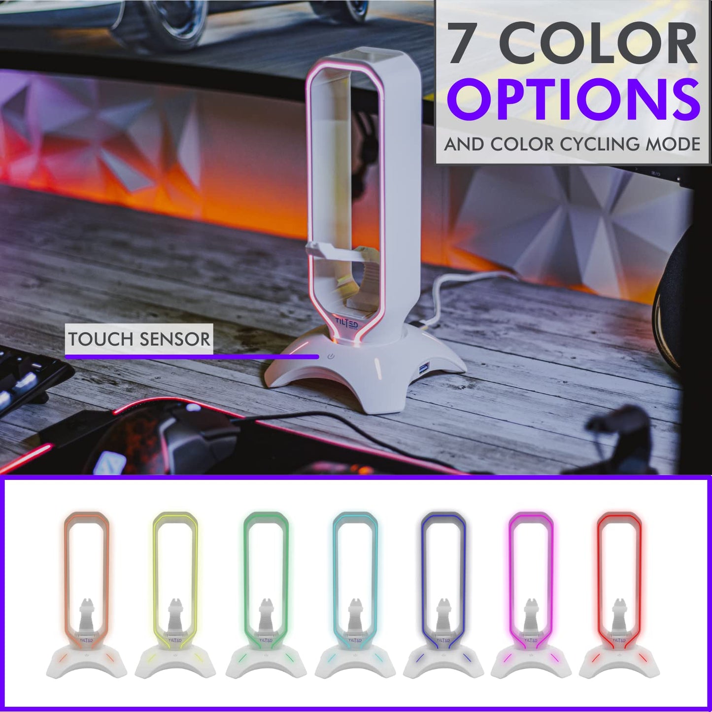 Tilted Nation Gaming Headphone Stand | RGB Headset Stand White | Headset Holder for Desk with Mouse Bungee and USB Hub | The Ultimate Gaming Accessories for Gamers for PS5, Xbox, PC - White