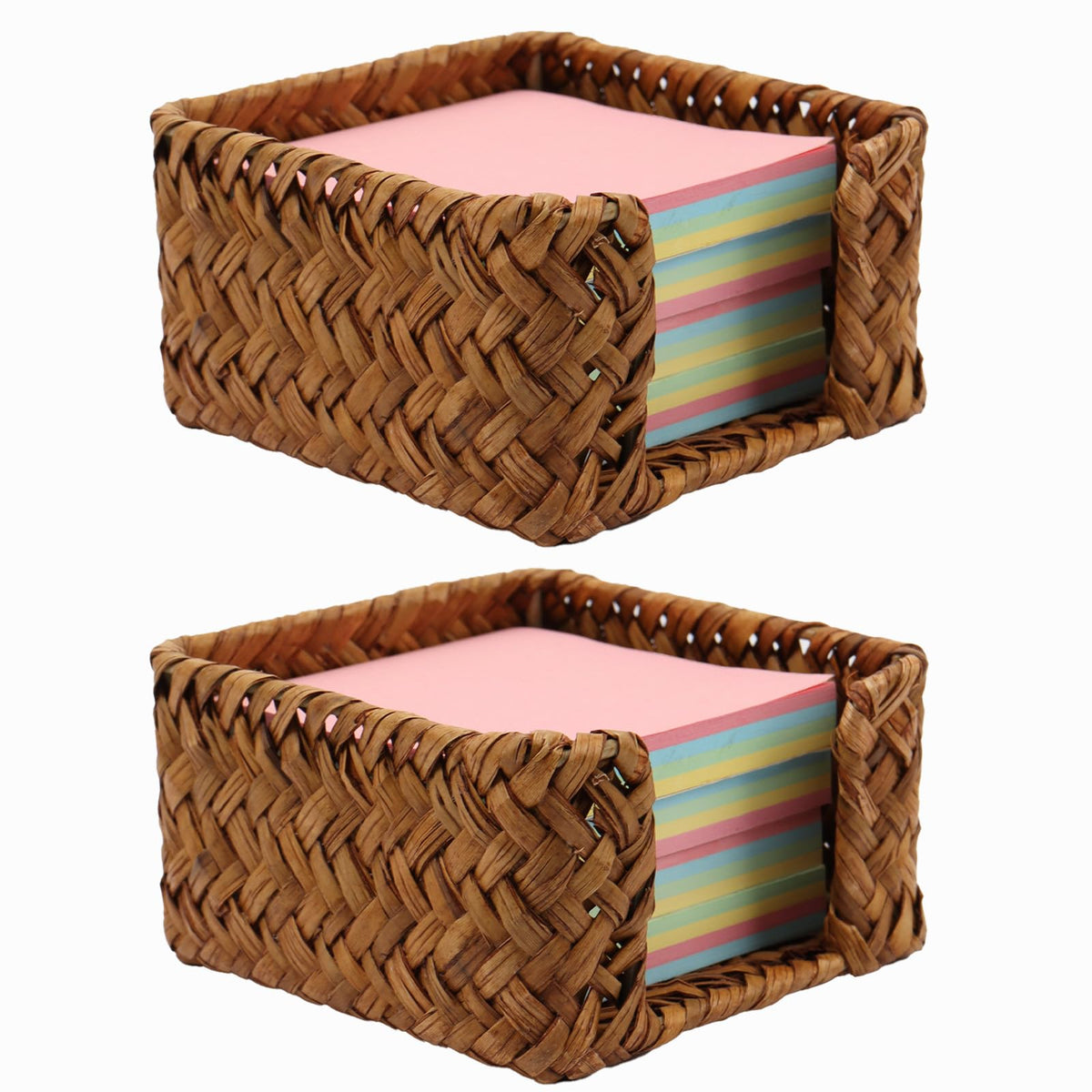 Shonmogar Seagrass Sticky Note Holder,2 Pack Woven Post It Note Dispenser for Desk,3 x 3 Inch Post It Note Holder, Rustic Sticky Note Dispenser for Home Office Desk Table Drawer, Caramel