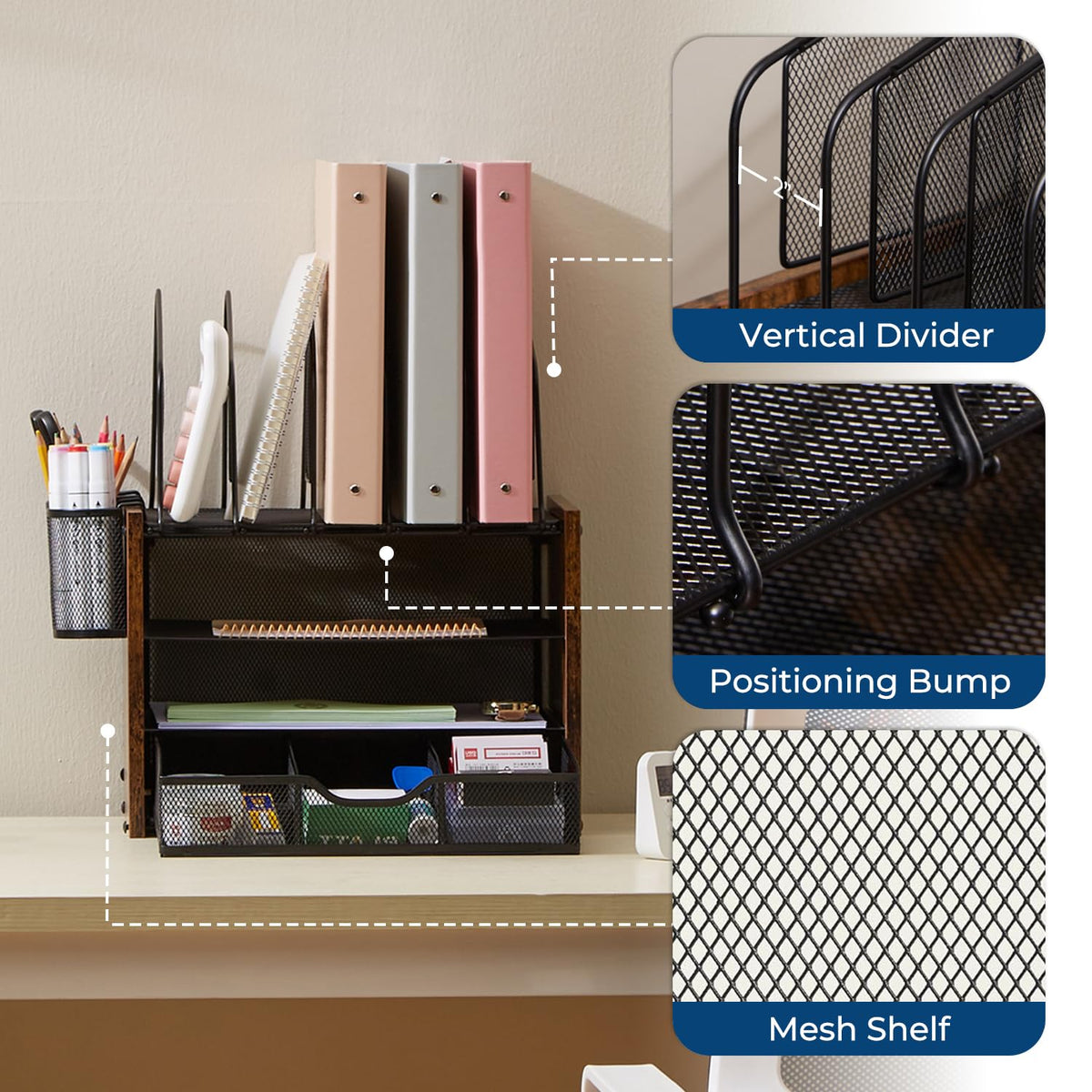 Y YOMA Wooden Desk Organizer, 4-Tier Mesh Desk Organizer with Drawer, Paper Tray & 5 Vertical File Holders, 2 Pen Holders, Desktop Organizer and Accessories for Home Office Dorm