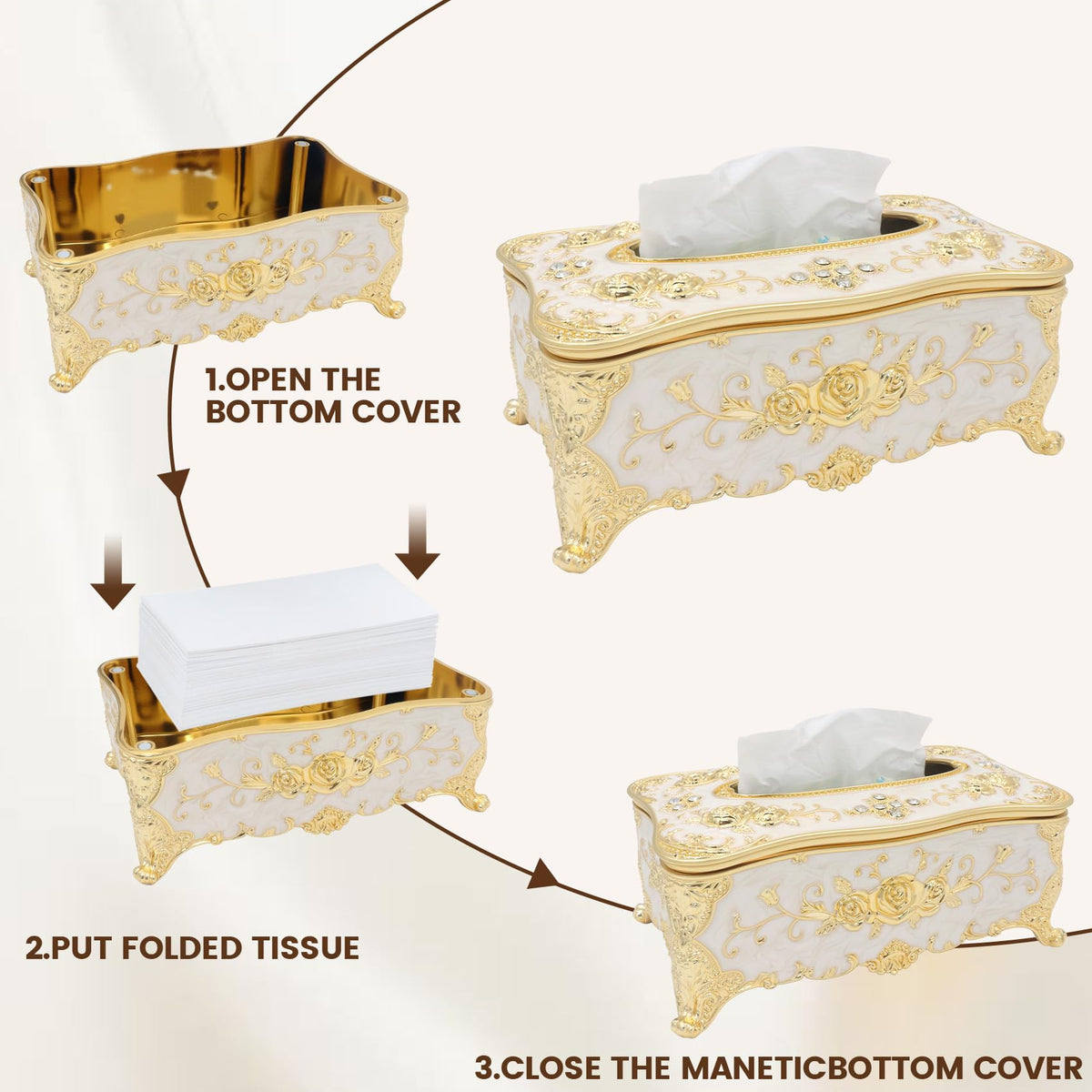 Geesatis Tissue Box Cover Tissue Box Holder Facial Tissue Paper Organizer Luxury Facial Napkin Holder for Home, Gold, 1 Pcs