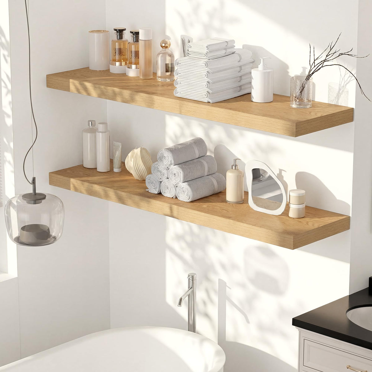 Heimlove 24 x 12 Inch Deep Floating Shelves Wall Mounted with Invisible Brackets,Storage Hanging Shelf for Wall Decor in Bathroom, Bedroom, Toilet, Kitchen, Living Room, Office Set of 1 (Oak)