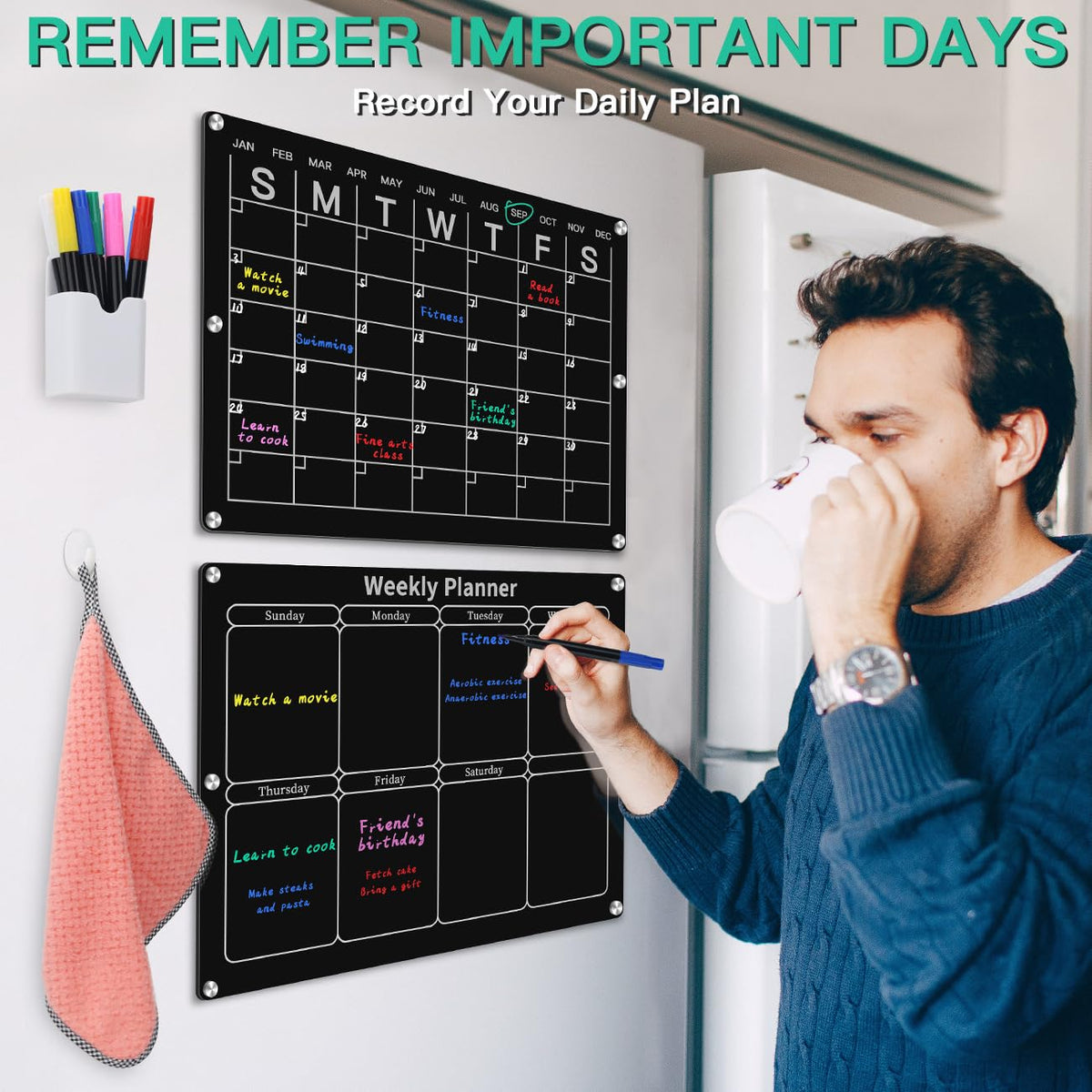 Magnetic Monthly & Weekly Fridge Calendar - Black Dry Erase Acrylic Refrigerator Planning Board Includes 6 Colorful Markers, Pen Holder, Towel, Hook