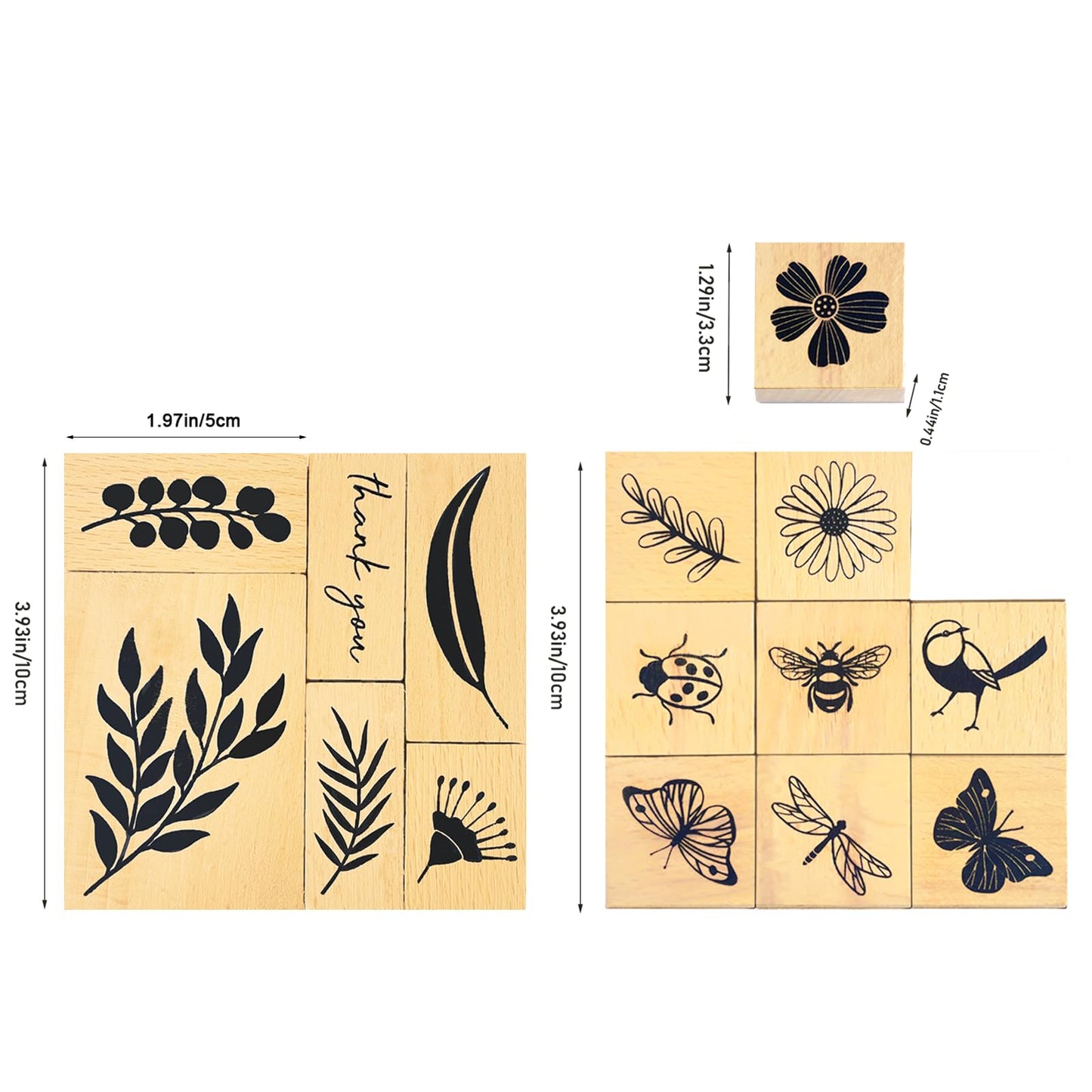 Wissppoott 15 Pcs Vintage Wood Rubber Stamp Set - Antique Butterfly, Leaves, Branch, Plant, Ladybug& Bird Stamps for DIY Scrapbooking, Craft Cards, Gift Wrapping & Journal Art