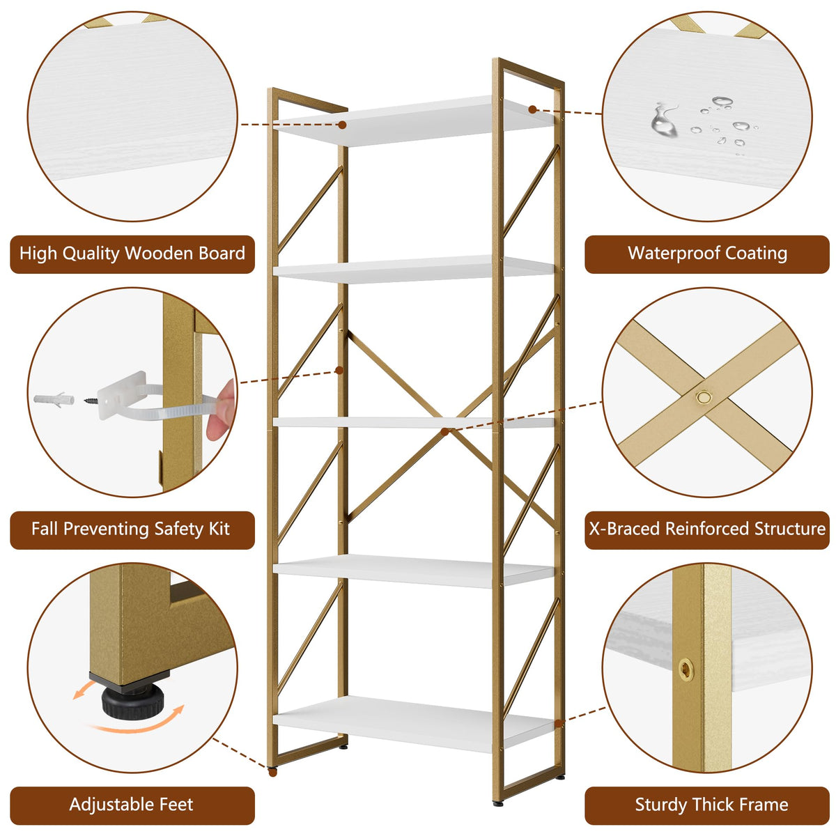 Shintenchi 5 Tiers Bookshelf, Classically Tall Bookcase Shelf,Industrial Book Rack,Modern Book Holder in Bedroom/Living Room/Home/Office, Storage Rack Shelves for Books/Movies,Gold