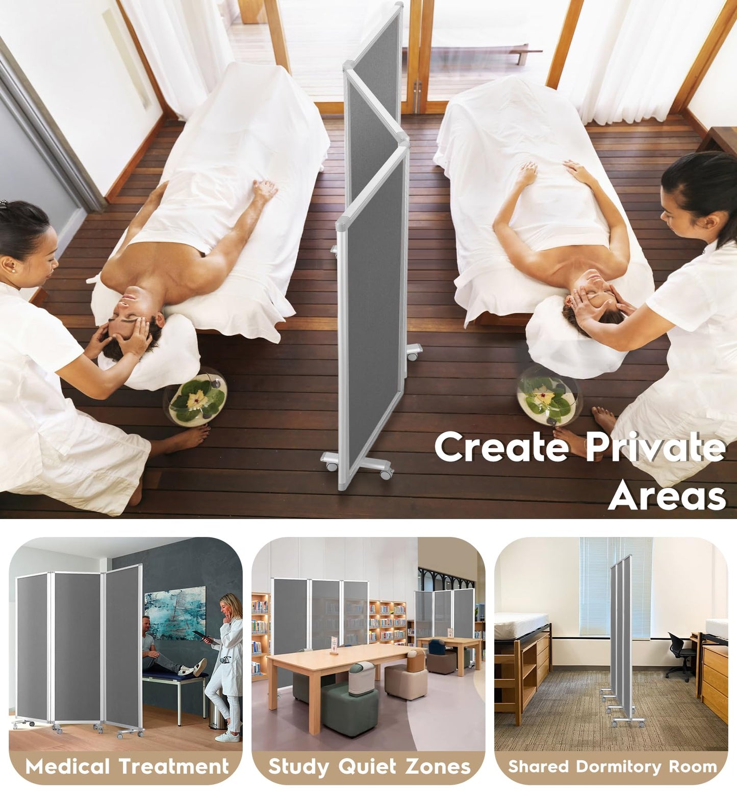 SWANCROWN Folding Office Partition 3-Panel Room Divider 71x71 in, Sliding Privacy Screen Portable Temporary Wall for Cubicle, Studio & Home Office, Soundproof Grey Felt