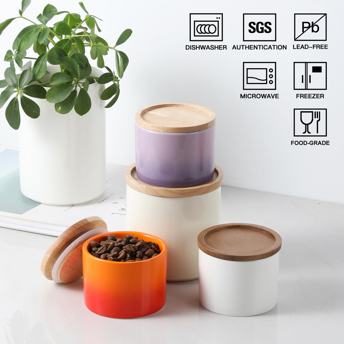 Sweejar Kitchen Canisters Ceramic Food Storage Jar, Stackable Containers with Airtight Seal Wooden Lid for Serving Ground Coffee, Tea, Sugar, Spice and More - 5 Fl Oz(Gradient Purple)