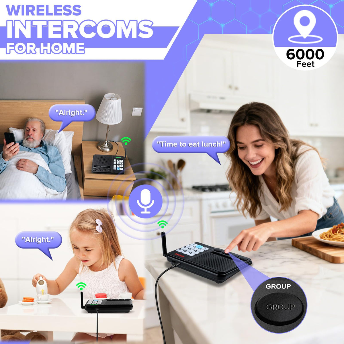 UHAXZ Intercoms Wireless for Home, Long Range Wireless Intercom 6000ft, Intercoms for Home with Group Call, Clear Sound, 8 Volume Levels Intercom System for House Business Office Elderly(2 Packs)